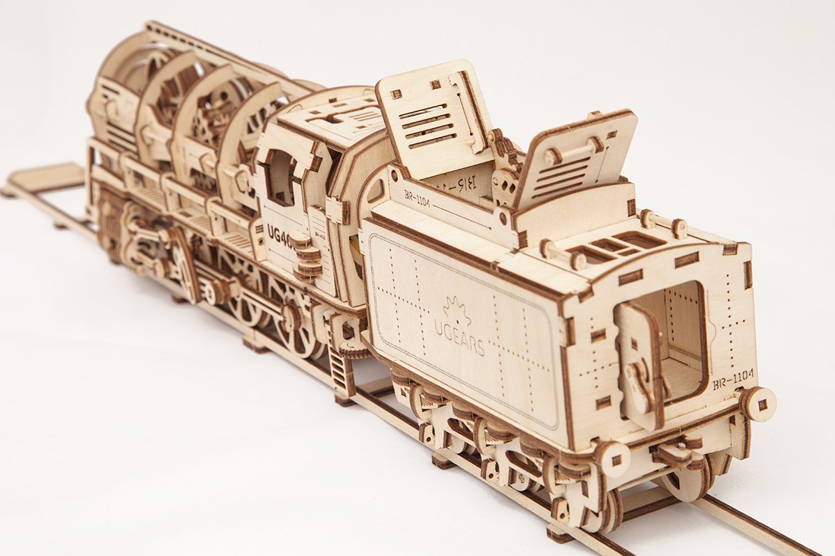 UGEARS Locomotive with Tender Mechanical 3D Puzzle, Wooden Construction Set, Business Gift, Christmas and Thanksgiving Present, Adult Craft Set