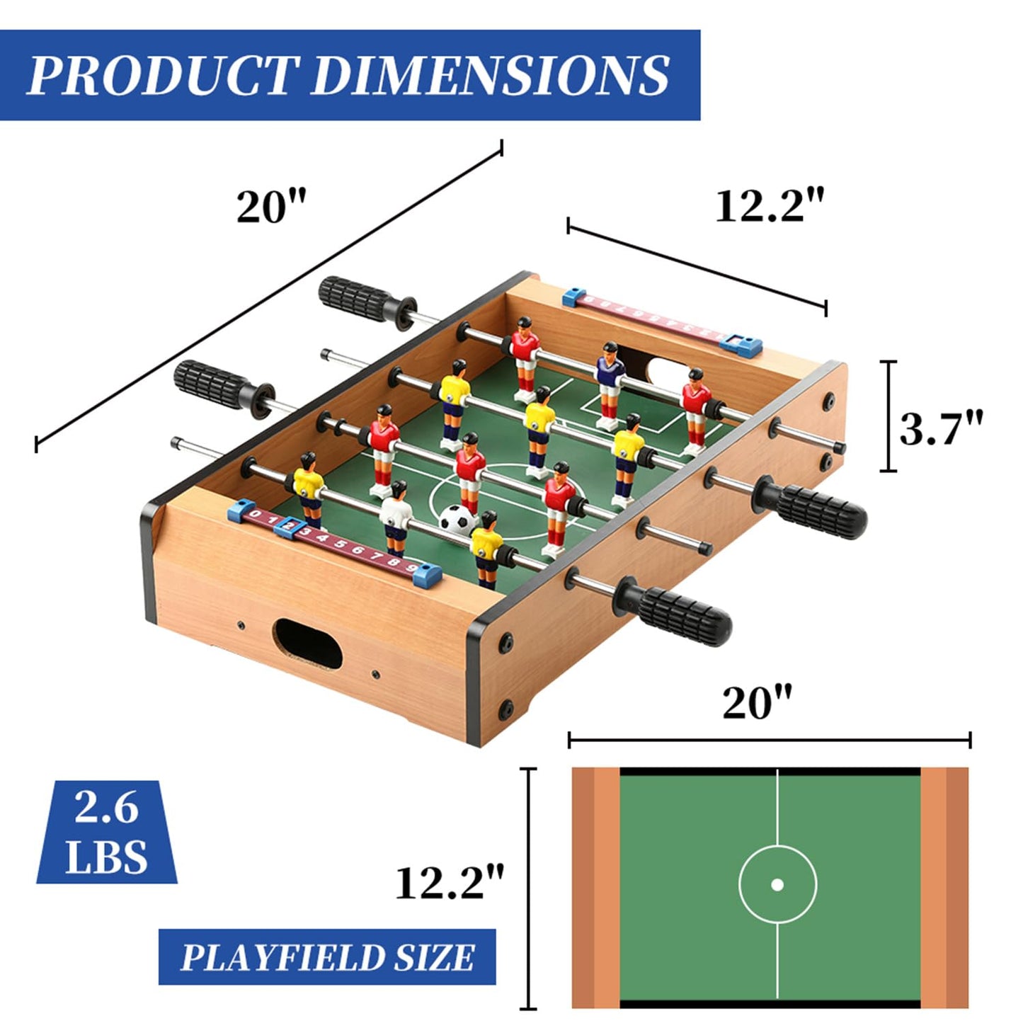 TALLO 20” Mini Foosball Table, Wooden Tabletop Soccer Game Set w/ 2 Footballs, Portable Table Top Foosball for Kids Family Outdoor and Indoor Play