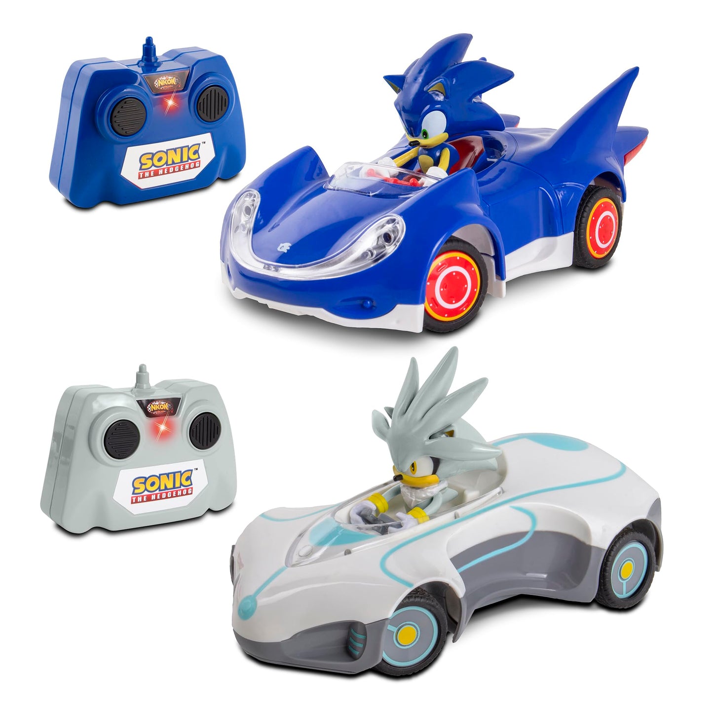 NKOK 1/28 Scale 2.4GHz RC Sonic 2PK RC Sonic & Silver; Officially Licensed; Full Function Radio Control; Detailed 6.5” Vehicle and Character; Grippy