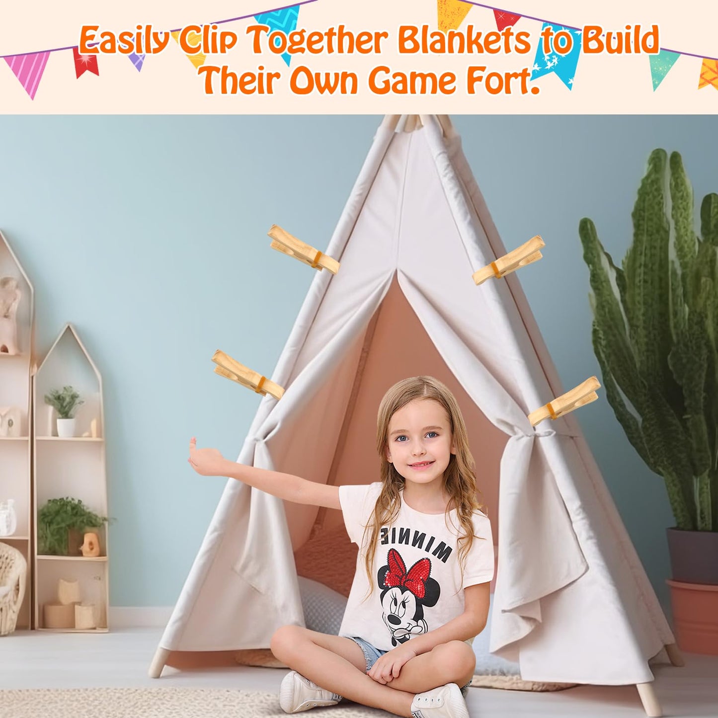 ANJUU 12 Pcs Wooden Play Clips, Montessori and Waldorf Fort Building Kit Silk Clips Giant Wooden Handmade Fort Building for Blankets Silk Construction