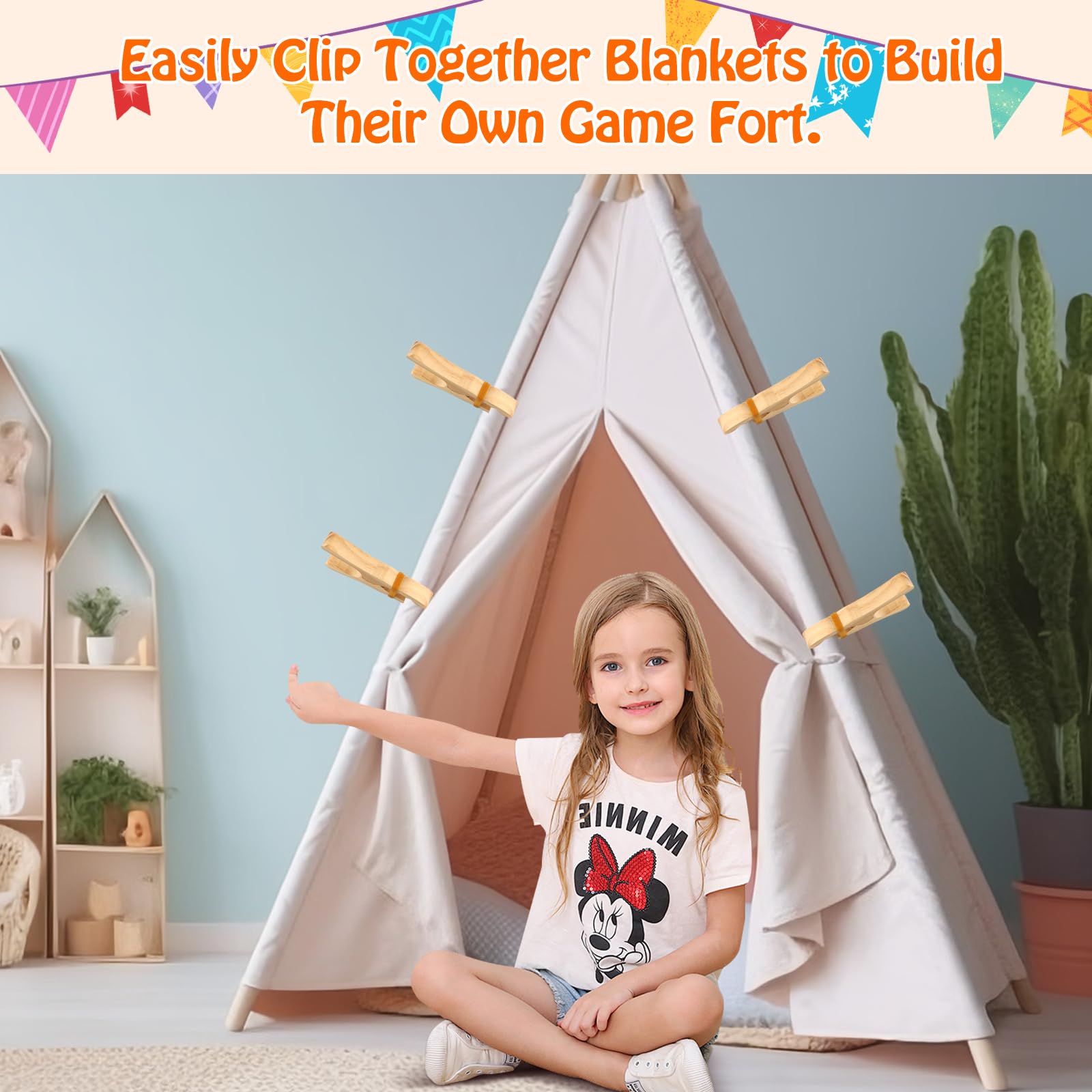 ANJUU 12 Pcs Wooden Play Clips, Montessori and Waldorf Fort Building Kit Silk Clips Giant Wooden Handmade Fort Building for Blankets Silk Construction