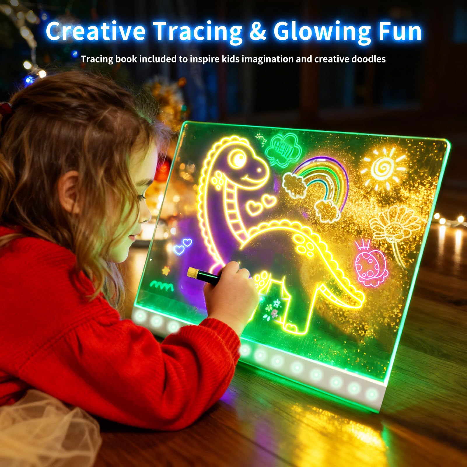 BAWMOY Lumiboard Led Drawing Board for Kids, 16" Light up Drawing Board with 10 Tracing Pages and 7 Markers, 7-Color Led Note Board, Birthday