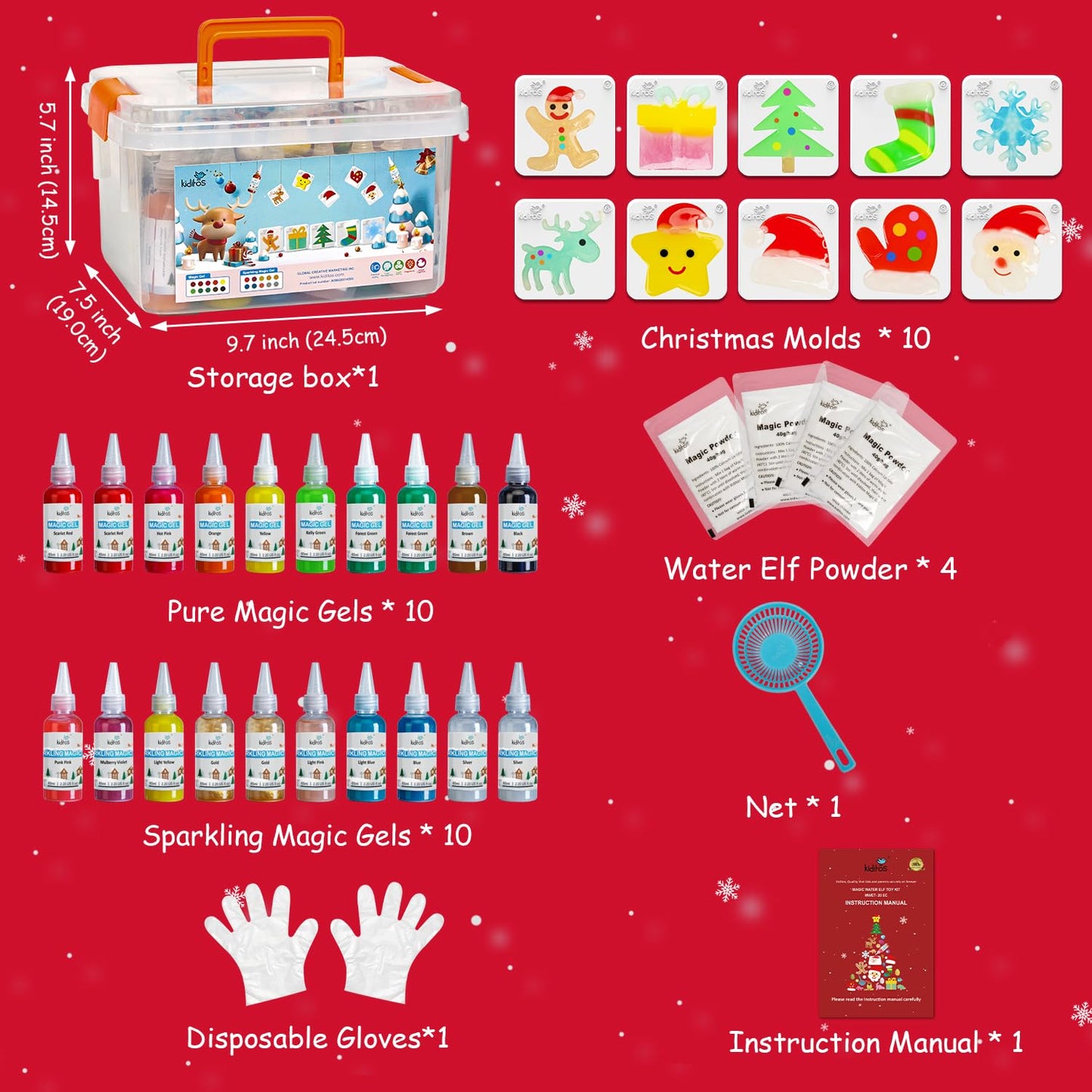 Kiditos Christmas Magic Water Elf Toy Kit, Magic Gel Water Pets with 20 Gels &10 Molds, DIY Squishy Maker Set, Christmas Gifts, Birthday Gifts, Party