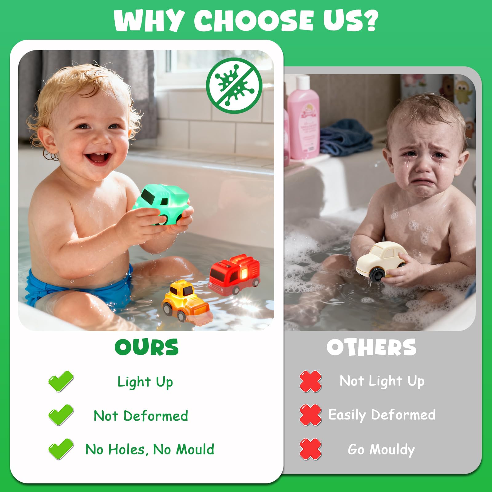 Baby Bath Toys, 6 Pack Light Up Cars Bath Toys, No Hole No Mould Bathtub Toy for 1 2 3 Year Olds, Flashing LED Sensory Toy for Toddlers, Bath Time
