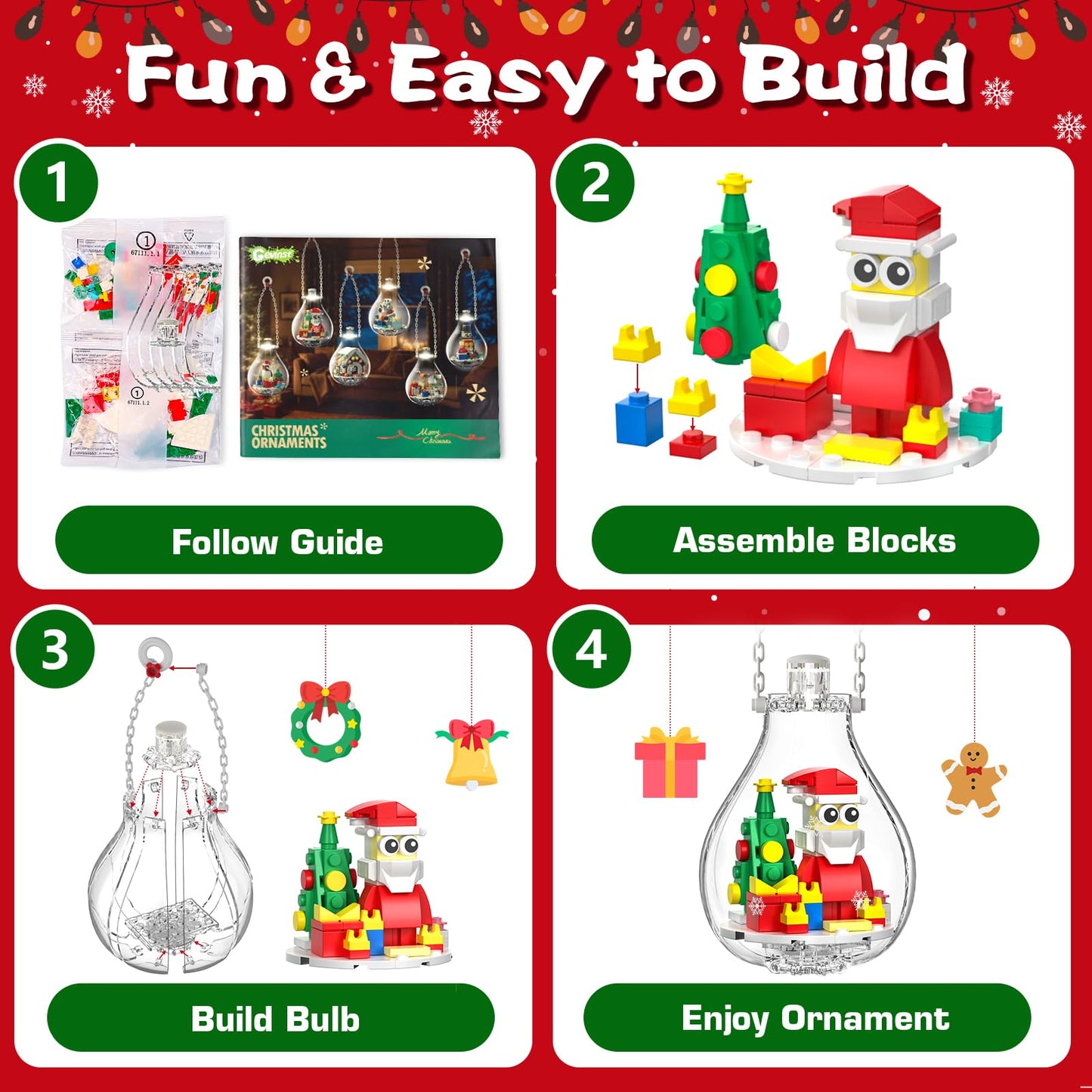 2026 Light-Up Christmas Ornament Building Kit - 647 PCS Holiday Building Blocks Set for Kids and Adults, Featuring Gingerbread House, Santa, Reindeer