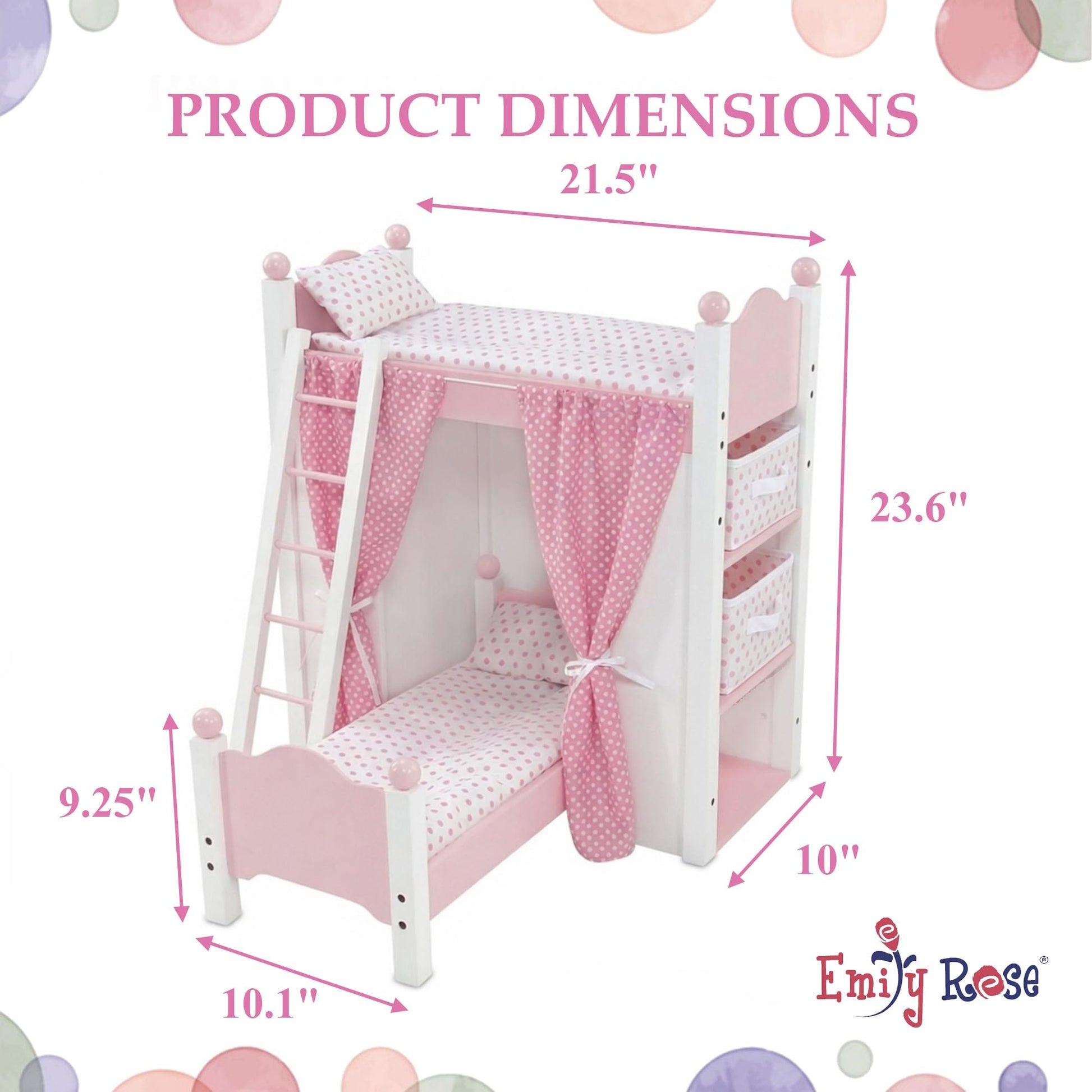 Emily Rose 18 Inch Doll Loft Bunk Bed Pink - Wooden Doll Bunkbed with Storage Shelves, Ladder, Removable Single Bed, 2 Polka Dot Bedding Sets &