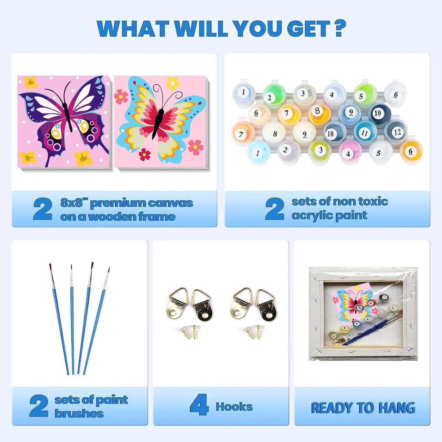 askkqtx 2 Pack Butterfly Paint by Number for Kids,Easy Paint by Numbers for Kids Ages 8-12,DIY Acrylic Oil Painting Kits for Home Wall Decor and Girls