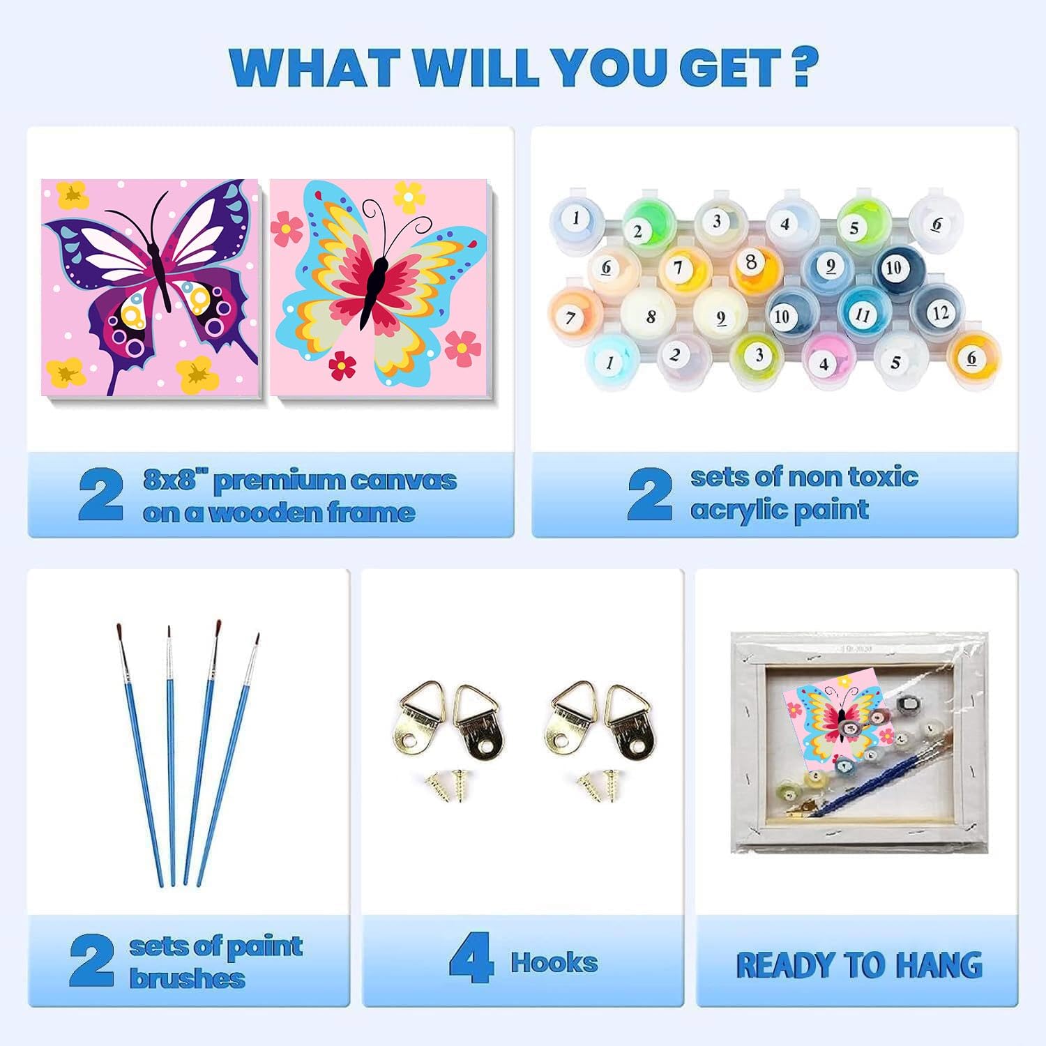 askkqtx 2 Pack Butterfly Paint by Number for Kids,Easy Paint by Numbers for Kids Ages 8-12,DIY Acrylic Oil Painting Kits for Home Wall Decor and Girls