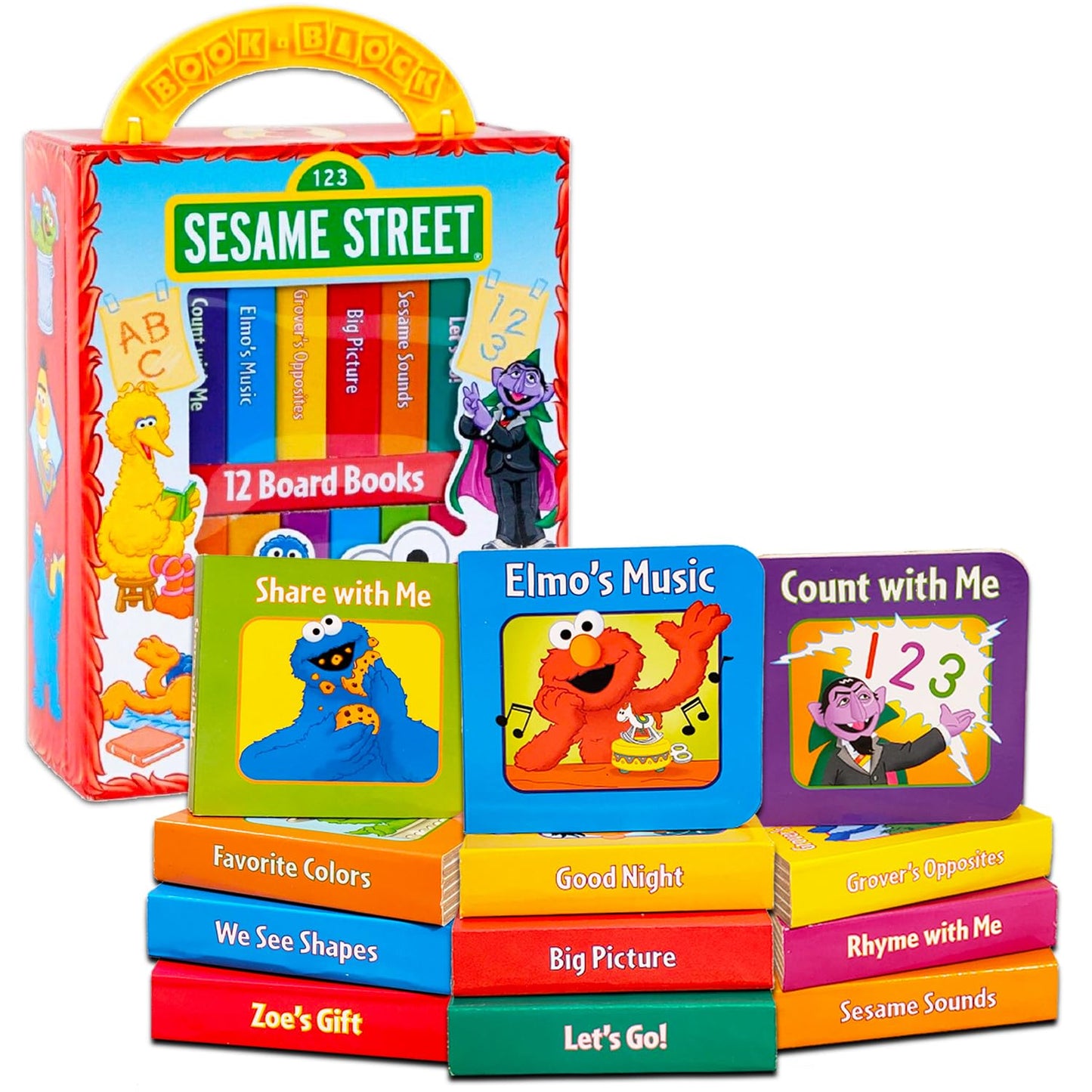 Sesame Street Board Books Set Toddlers Babies Bundle - Pack of 12 Chunky My First Library Board Book Block with Stickers | Elmo Books for Infants