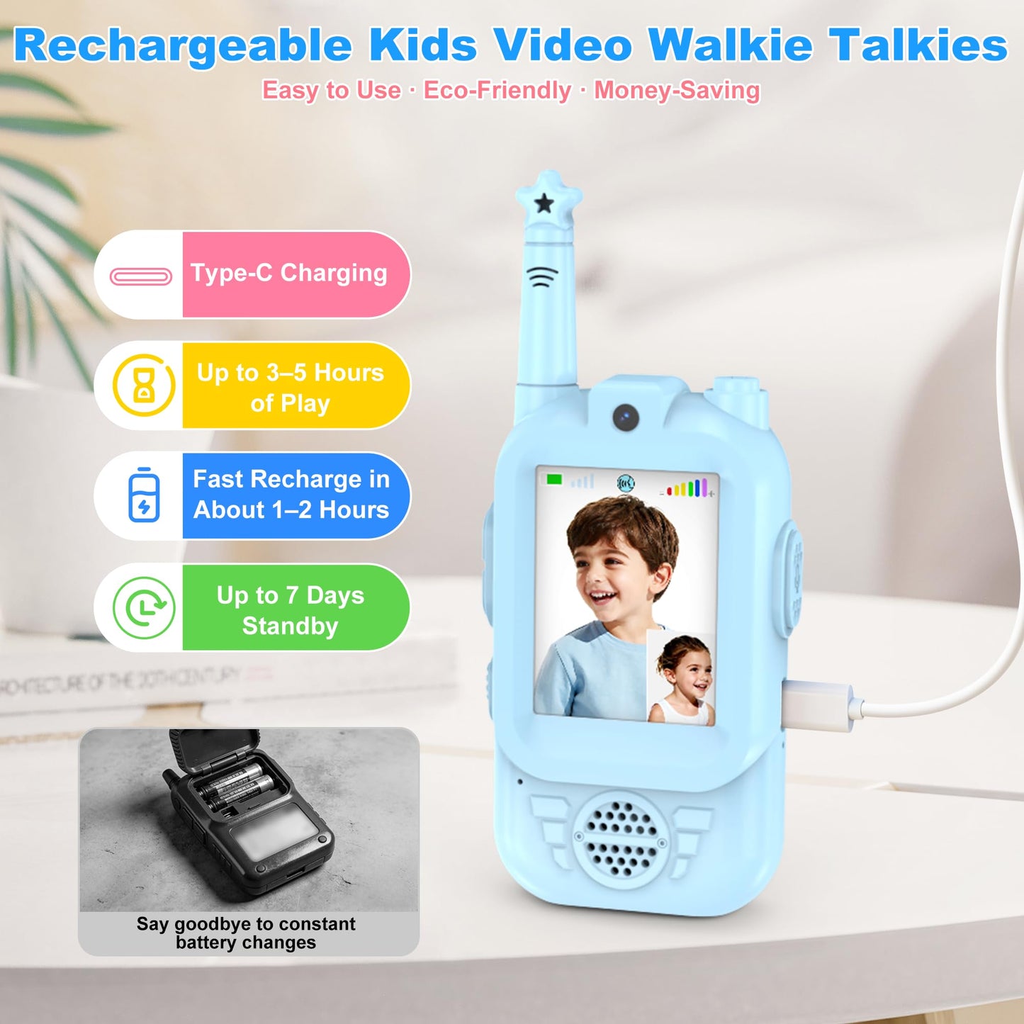 Video Walkie Talkies for Kids 2 Pack, USB-C Rechargeable with 2.0" Screen, Video Chat & Photo Sharing, Long Range Two Way Radio Toys for Boys Girls