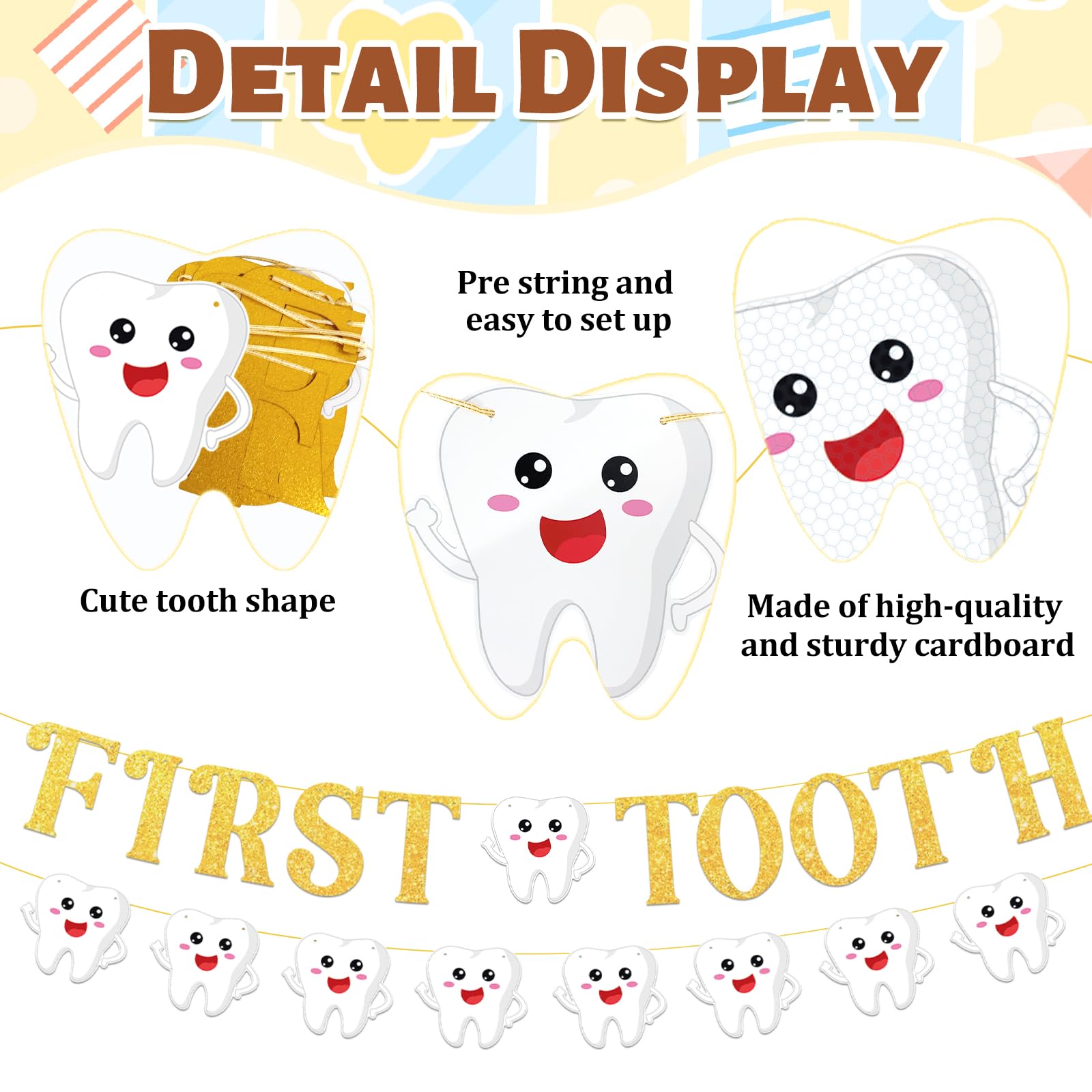 Pre-Strung Tooth Theme Banner Decorations, Gold Glitter Letter Garland with Tooth-Shaped Hanging Decor for Dental Clinic, Oral Health Events