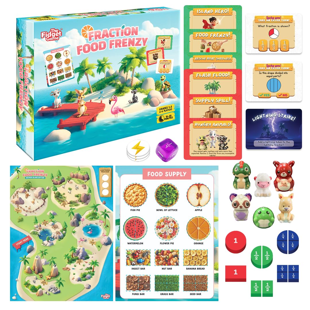 The Fidget Game Fraction Food Frenzy, Fractions Game for Kids, Grades 1-3, Ages 6-9, Math Board Game, Identify Halves, Fourths & Part-to-Whole