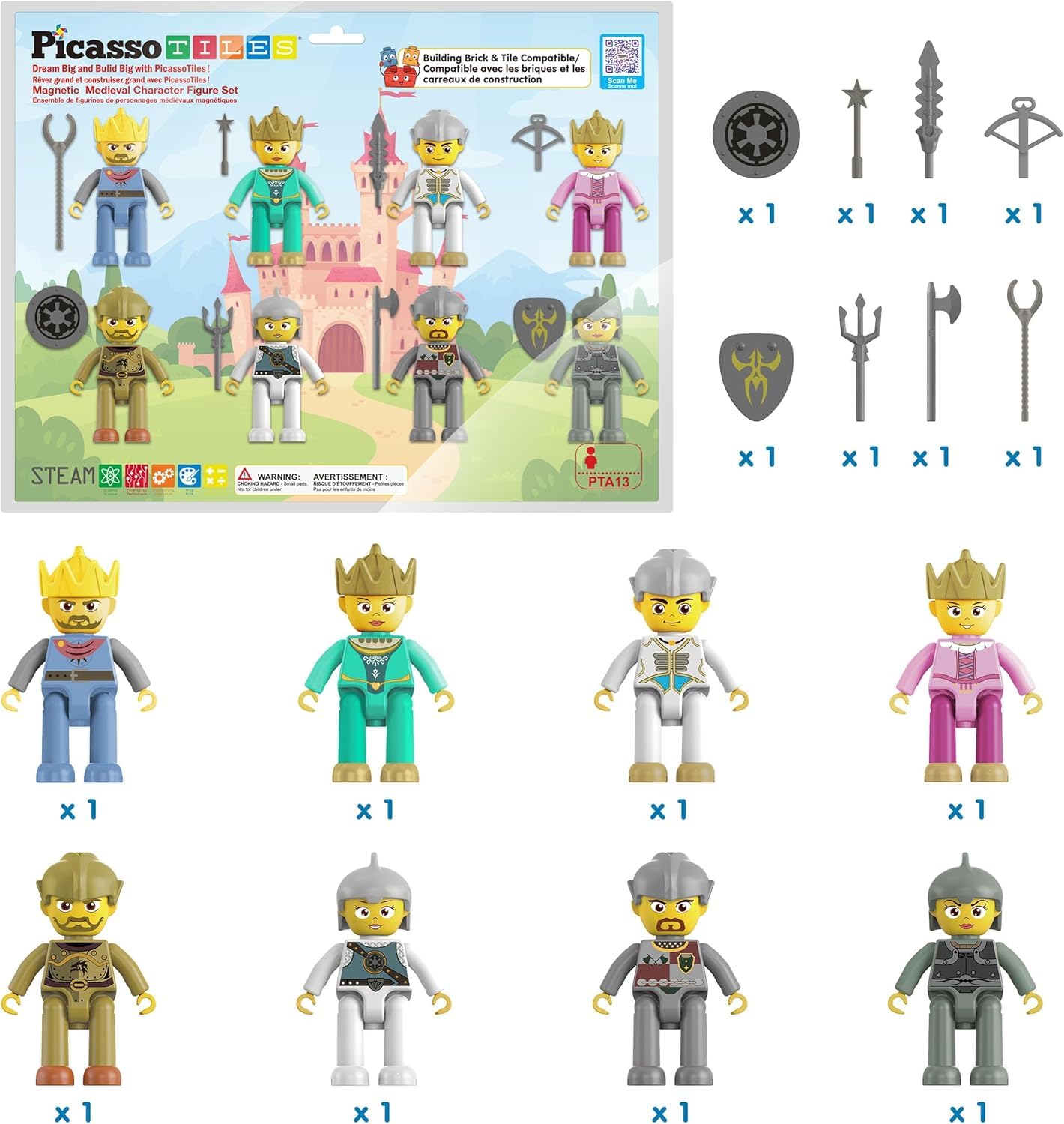 Picasso Toys Magnetic Action Figures Medieval King and Knights Character for Building Blocks Tiles Construction Toddler Toy Set Magnets Expansion Pack