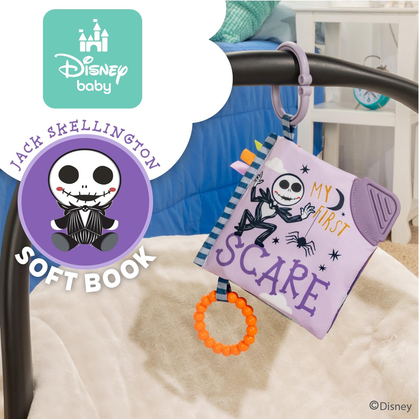 Kids Preferred Disney Nightmare Before Christmas My First Scare Jack Skellington Soft Book Baby Teething Crinkle Book with On-The-Go Clip, Crinkle
