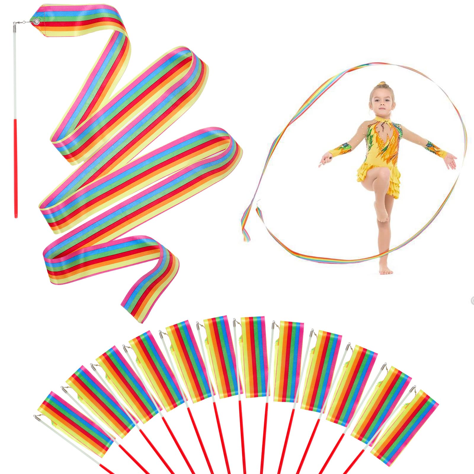 HiUnicorn 12PCS Rainbow Party Favors Dance Ribbons for Kids Circus Carnival Rhythmic Gymnastics Birthday Party Decoration Supplies, Ribbon Baton