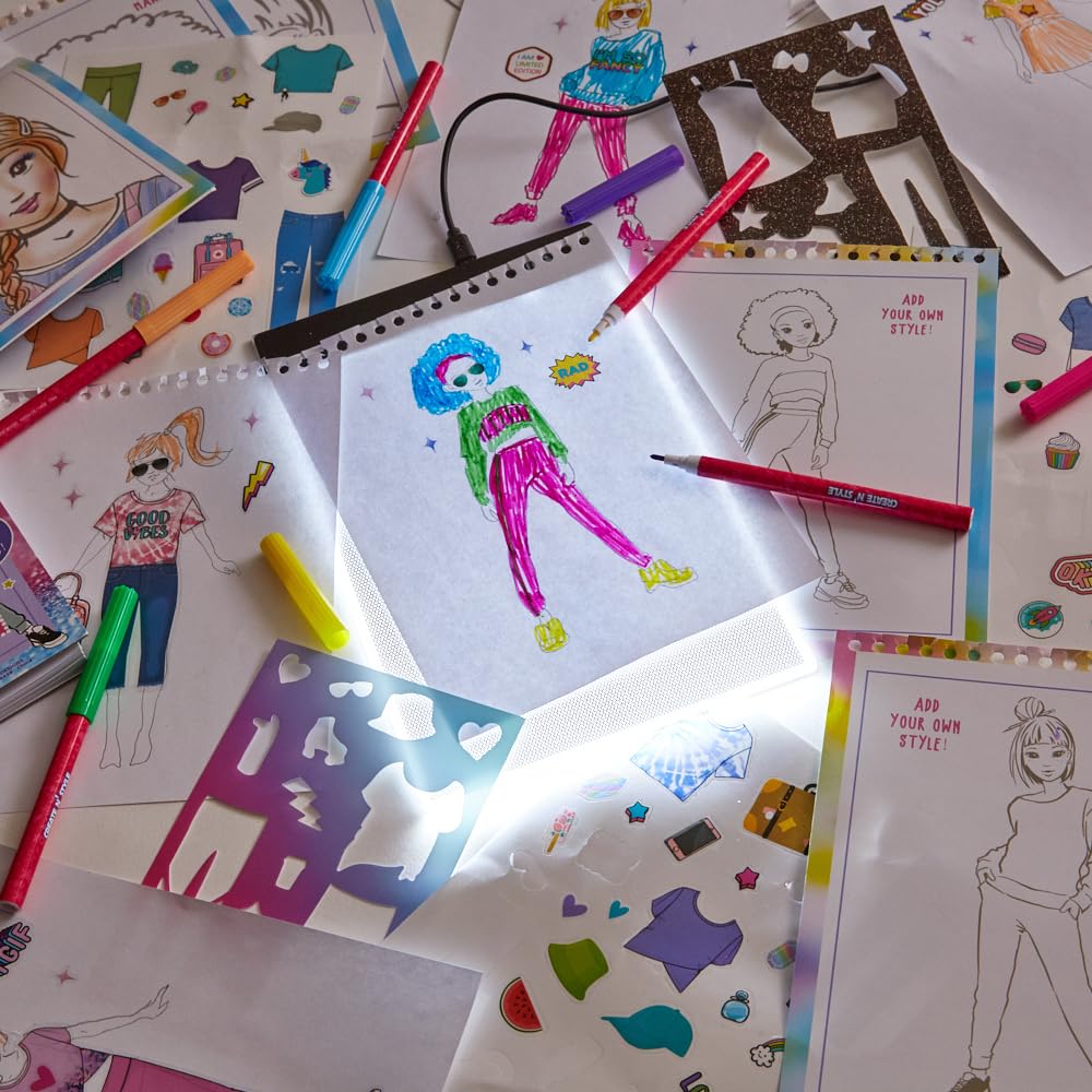 Innovative Designs Create N’ Style Fashion Design Light Up Tracing Pad Kit, Kids Coloring Art Activity Set with Stickers and Stencils