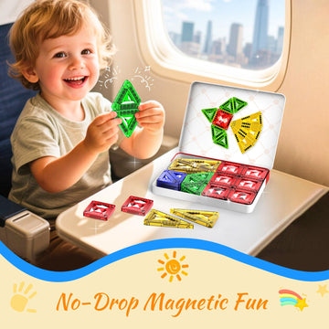 Zupooko Mini Magnetic Tiles for Kids Ages 3-8, Travel Magnetic Building Blocks with Metal Storage Box, STEM Educational Toys, Montessori Sensory