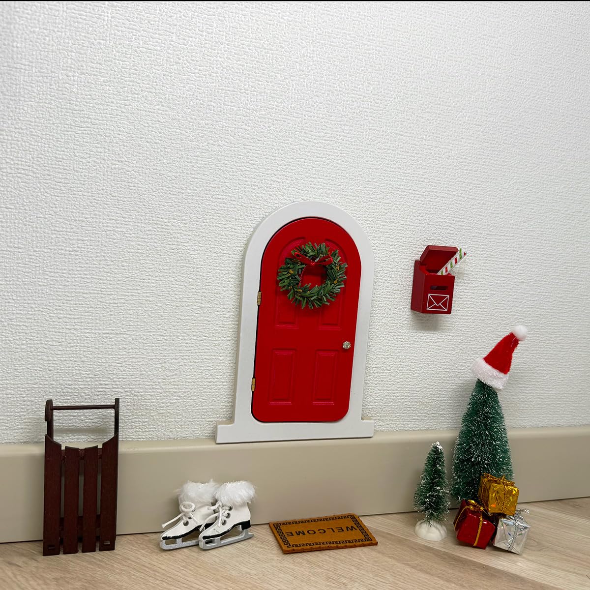 Tonttuovi Christmas Elf Accessories Wooden Miniature Elf Door for Wall for Elf Arrival Ideas