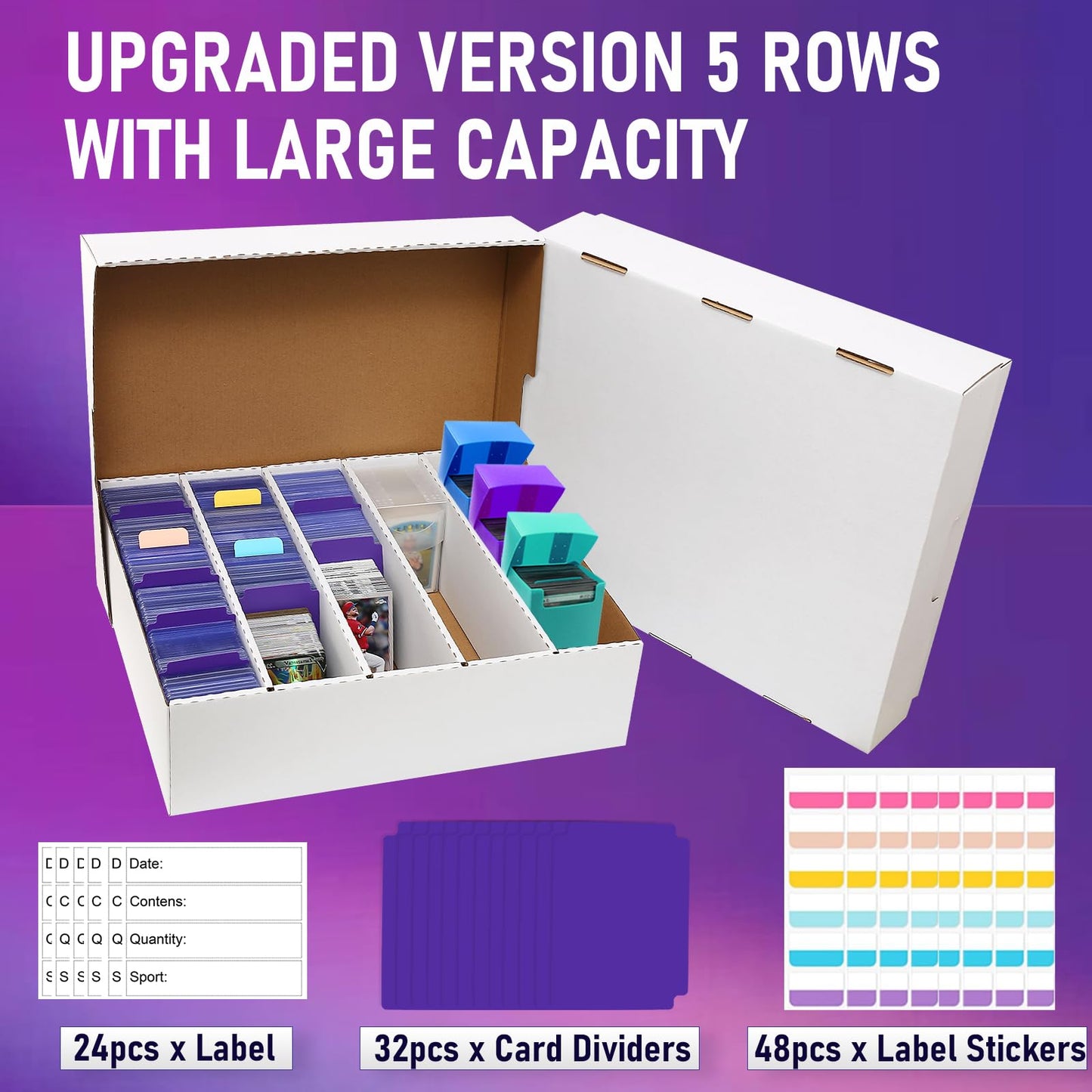 EBOAUSI 5 Row Trading Card Storage Box,3950-count Cardboard Storage Box with 32 Pcs Dividers+48 Pcs index Labels for Mtg, Tcg, Sports Cards (4
