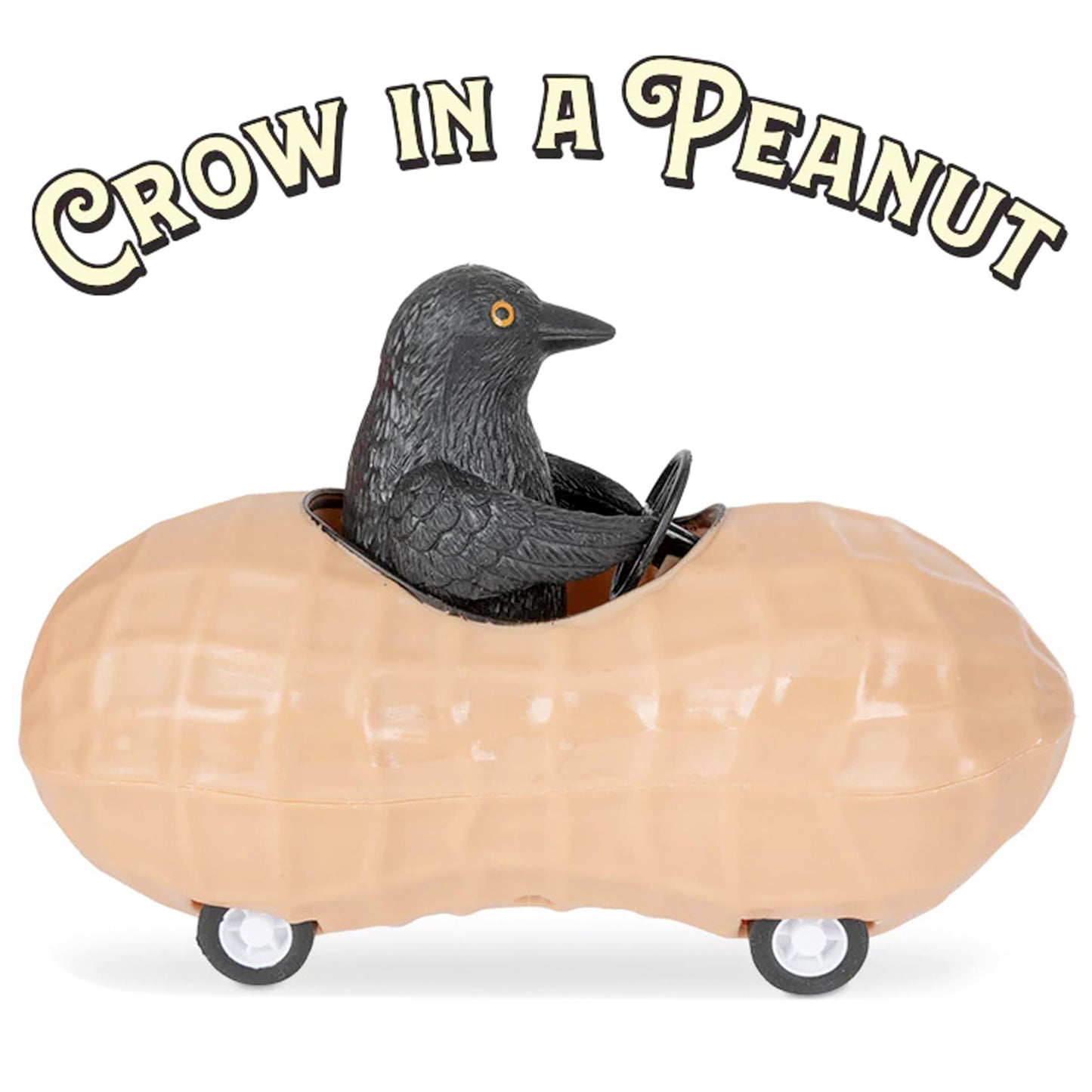 Archie McPhee Black Crow in a Peanut Pull Back Novelty Toy Car: A Nutty Adventure for Corvid Enthusiasts - 5" Soft Vinyl and Plastic Toy