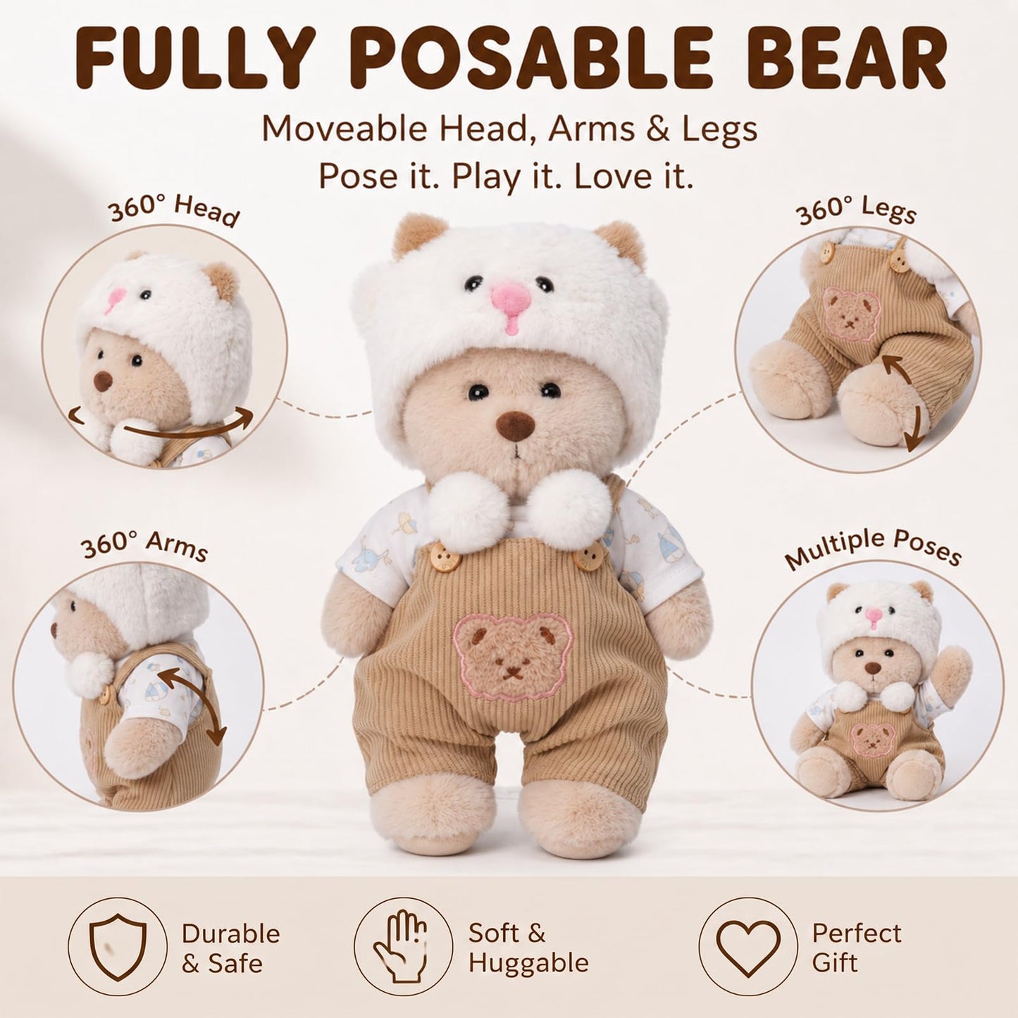 Tatuire Teddy Bear 11.8 Inch with One Clothing Stuff Animal Plush Gift for Kids Girls Women Birthday. (Brown Lamb Suit)