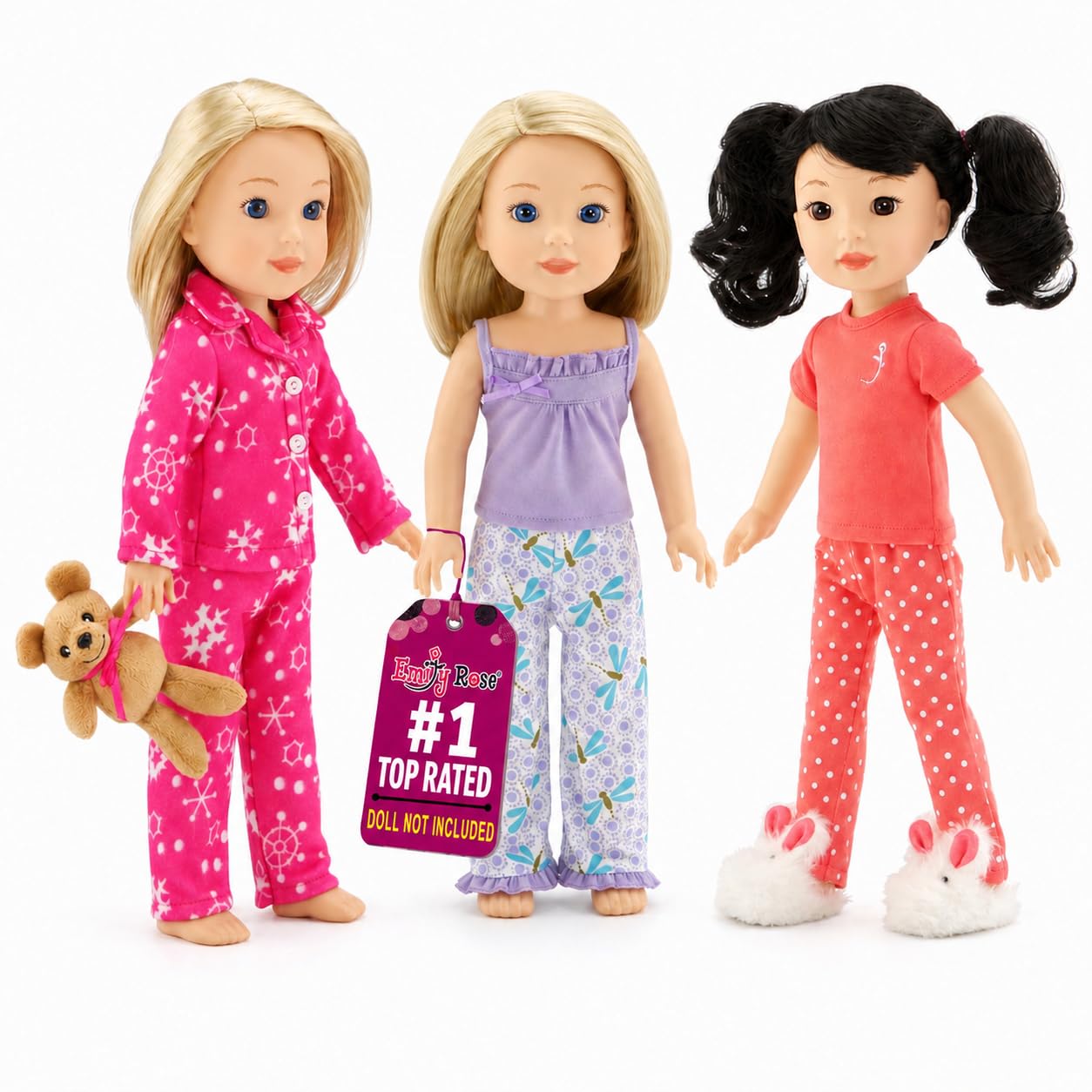 Emily Rose 14 & 14.5 Inch Doll 8-Piece Pajama Bundle | Seasonal PJs Gift Set with Teddy Bear and Bunny Slippers | USA Brand 14” Doll Pajamas | Fits