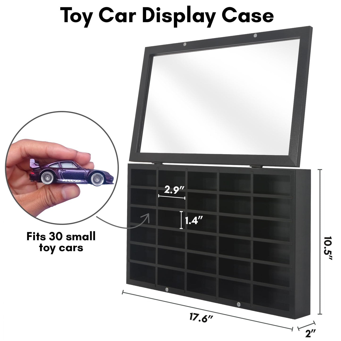 Americanflat 11x18 Toy Car Display Case - Holds up to 30 Cars - Model Car Displays with Removable Shelves and Shatter-Resistant Glass - Wall Mounted