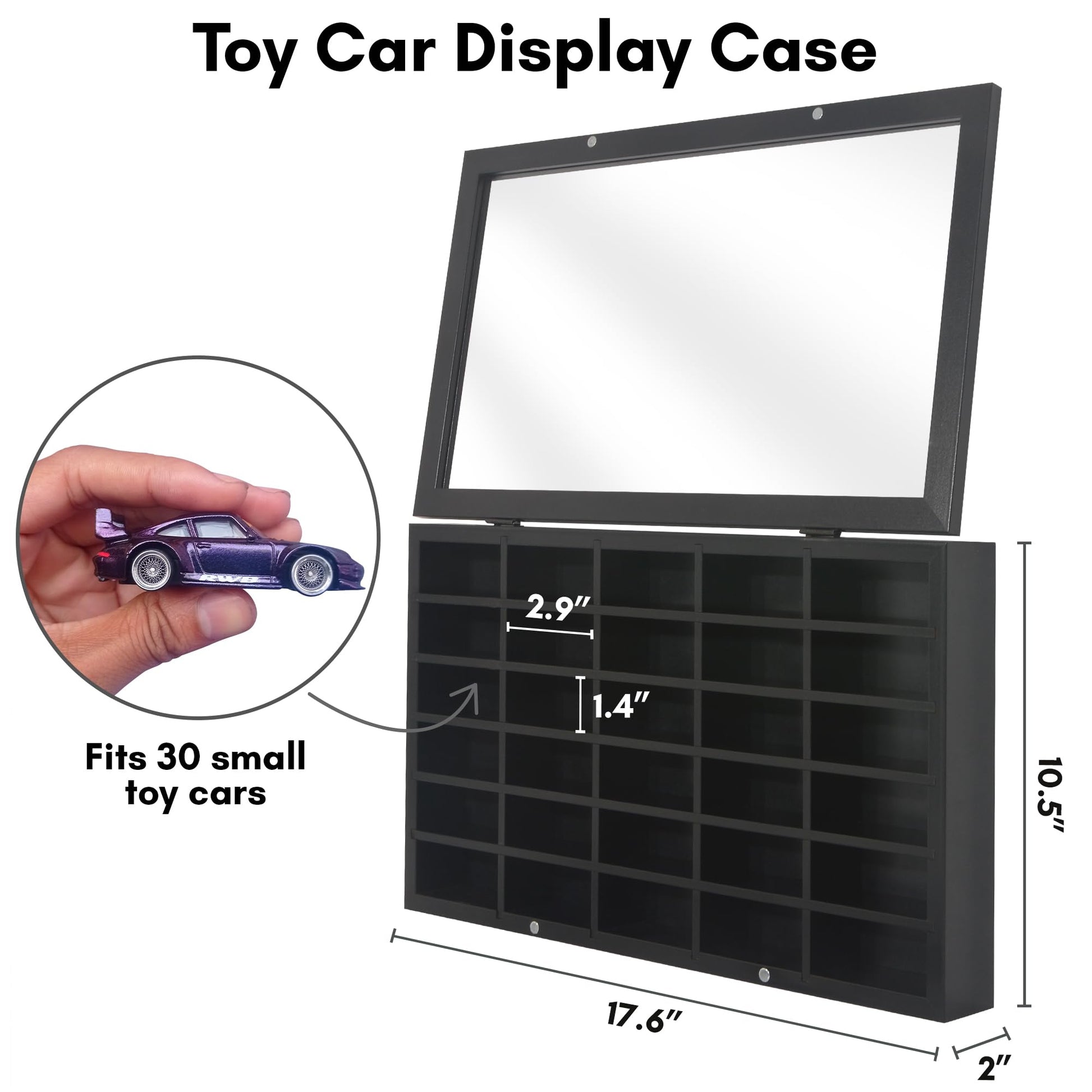 Americanflat 11x18 Toy Car Display Case - Holds up to 30 Cars - Model Car Displays with Removable Shelves and Shatter-Resistant Glass - Wall Mounted
