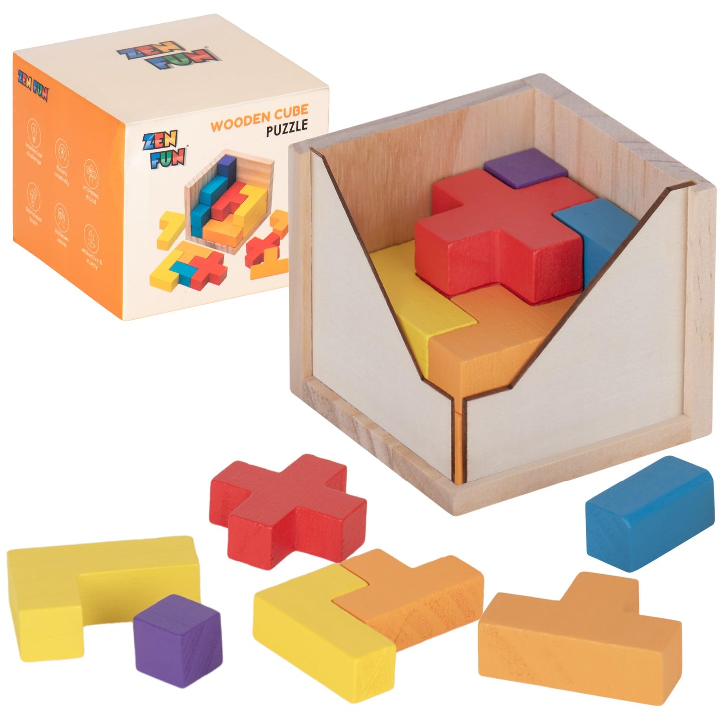 Zen Fun Wooden Brain Teaser Puzzle Cube - Montessori Toy Colorful Cube Puzzle for Kids Ages 5-7 and Easy Mind Puzzle for Adults - 20 Pieces