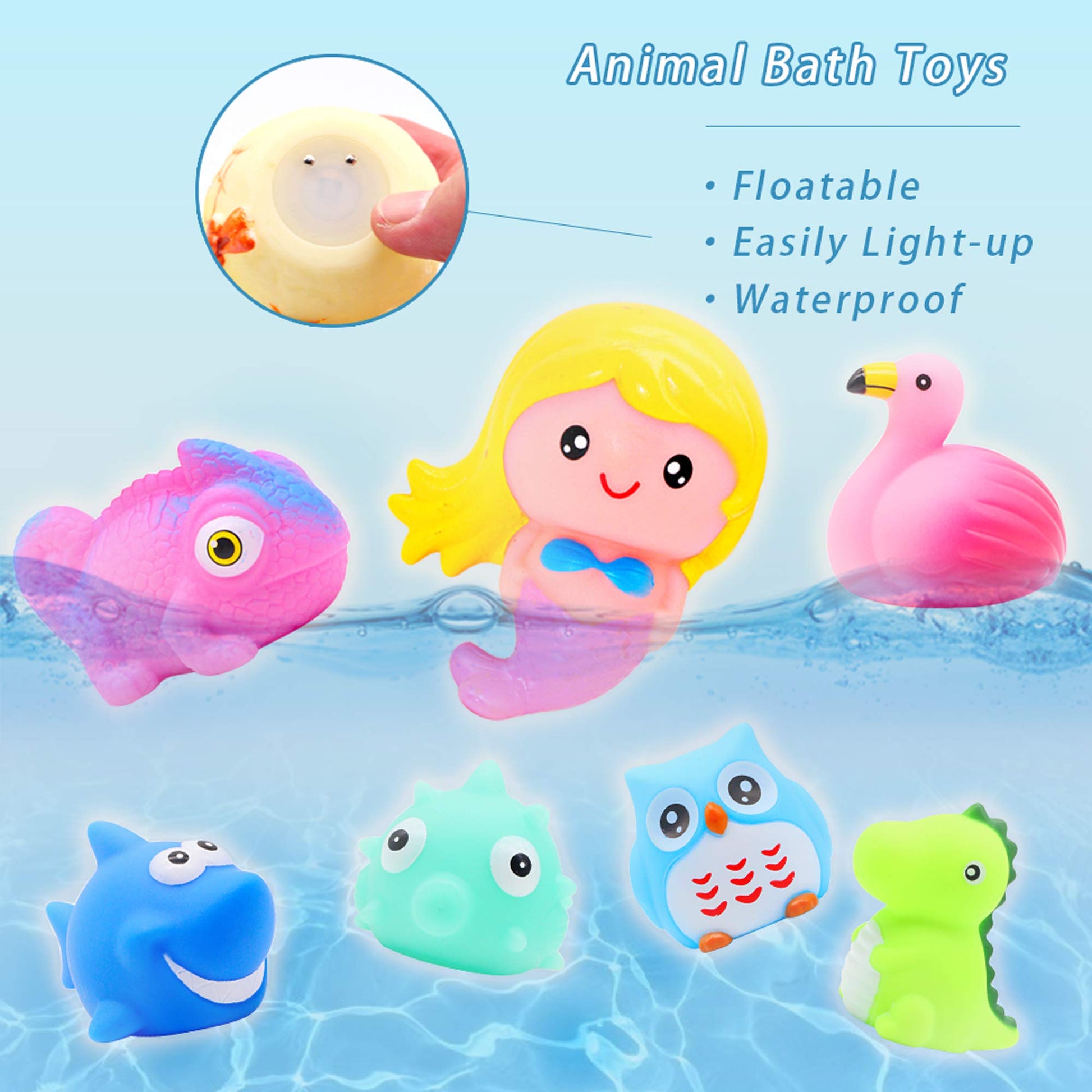 yoliyogo Animal Bath Toy Floating Auto Flashing Early Learning Toy Package with 8 Pcs Dinosaur Shark Flamingo Mermaid Etc Bathtub Shower Set Gift