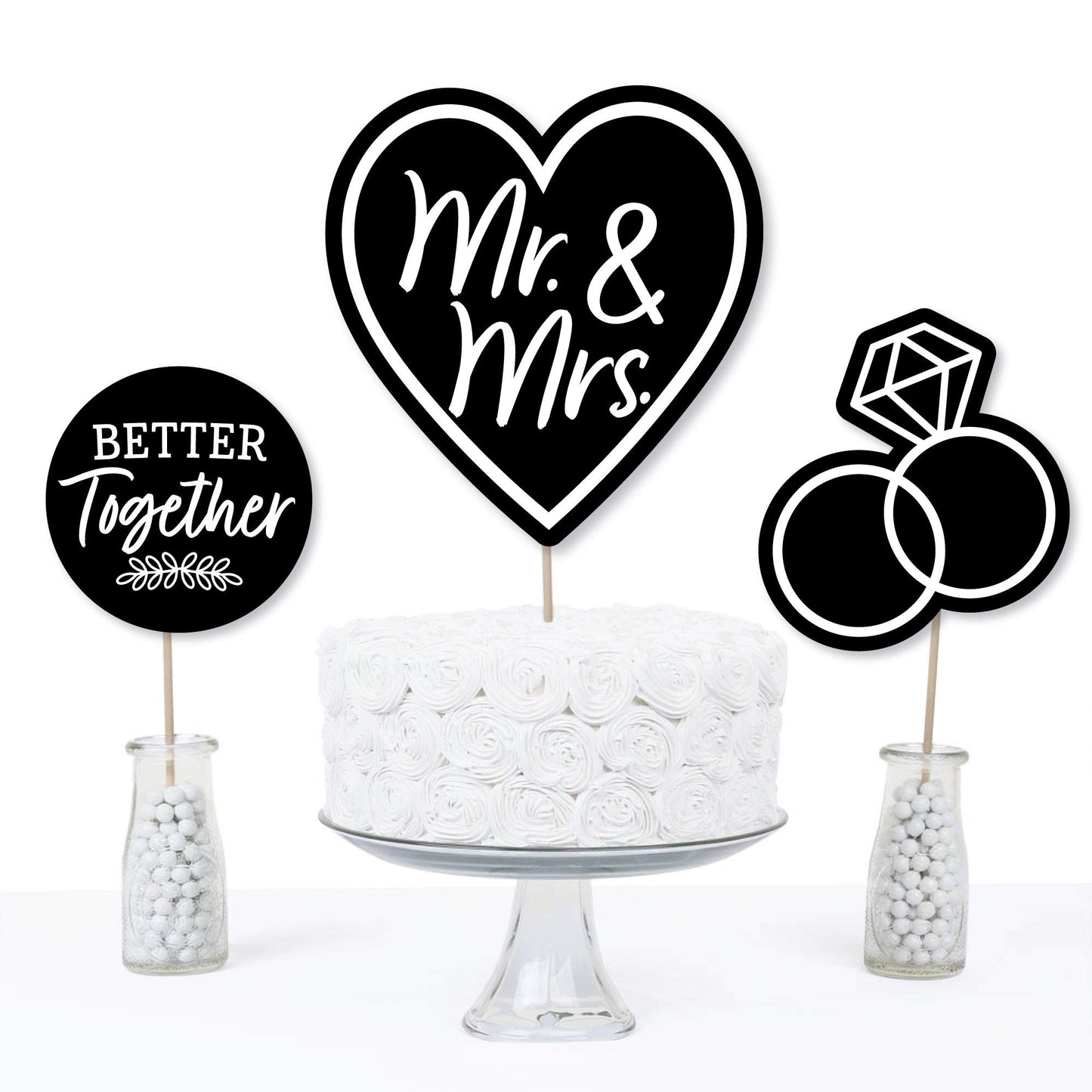 Big Dot of Happiness Mr. and Mrs. - Black and White Wedding or Bridal Shower Centerpiece Sticks - Table Toppers - Set of 15