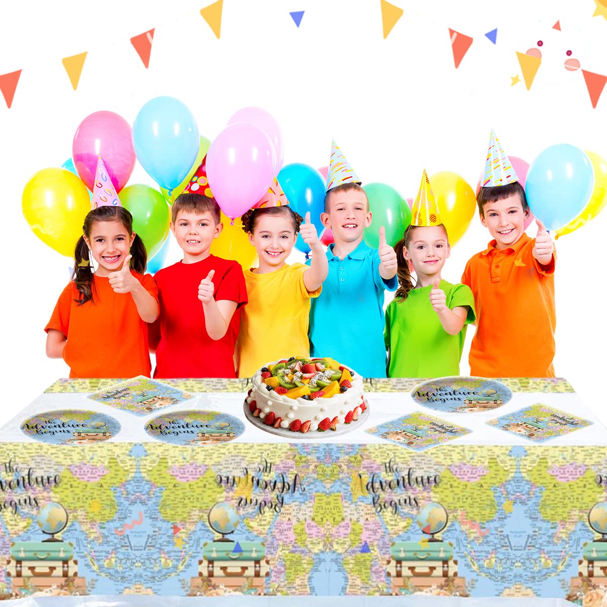 Adventure World Awaits Map Party Tableware,20 Plates and 20 Napkins and Tablecloth71 '' x 42 ''Travel Retirement Adventure World Party Decorate