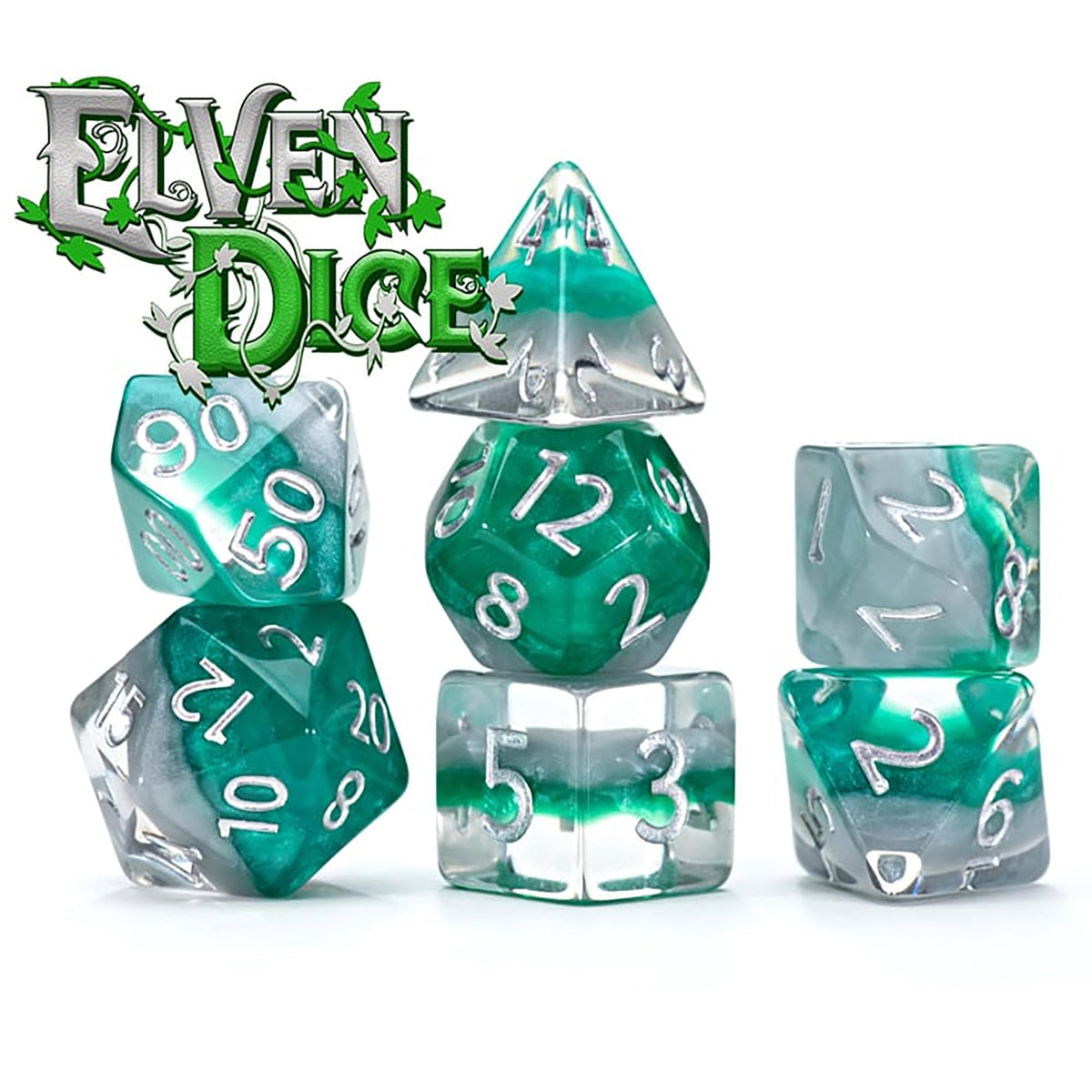 Gate Keeper Games & Dice: Eclipse Dice Elven - 7 Piece RPG Dice Set, Silver & Sylvan Green, 7 Resin Dice for Role Playing Games, 4-Layered Polyhedral