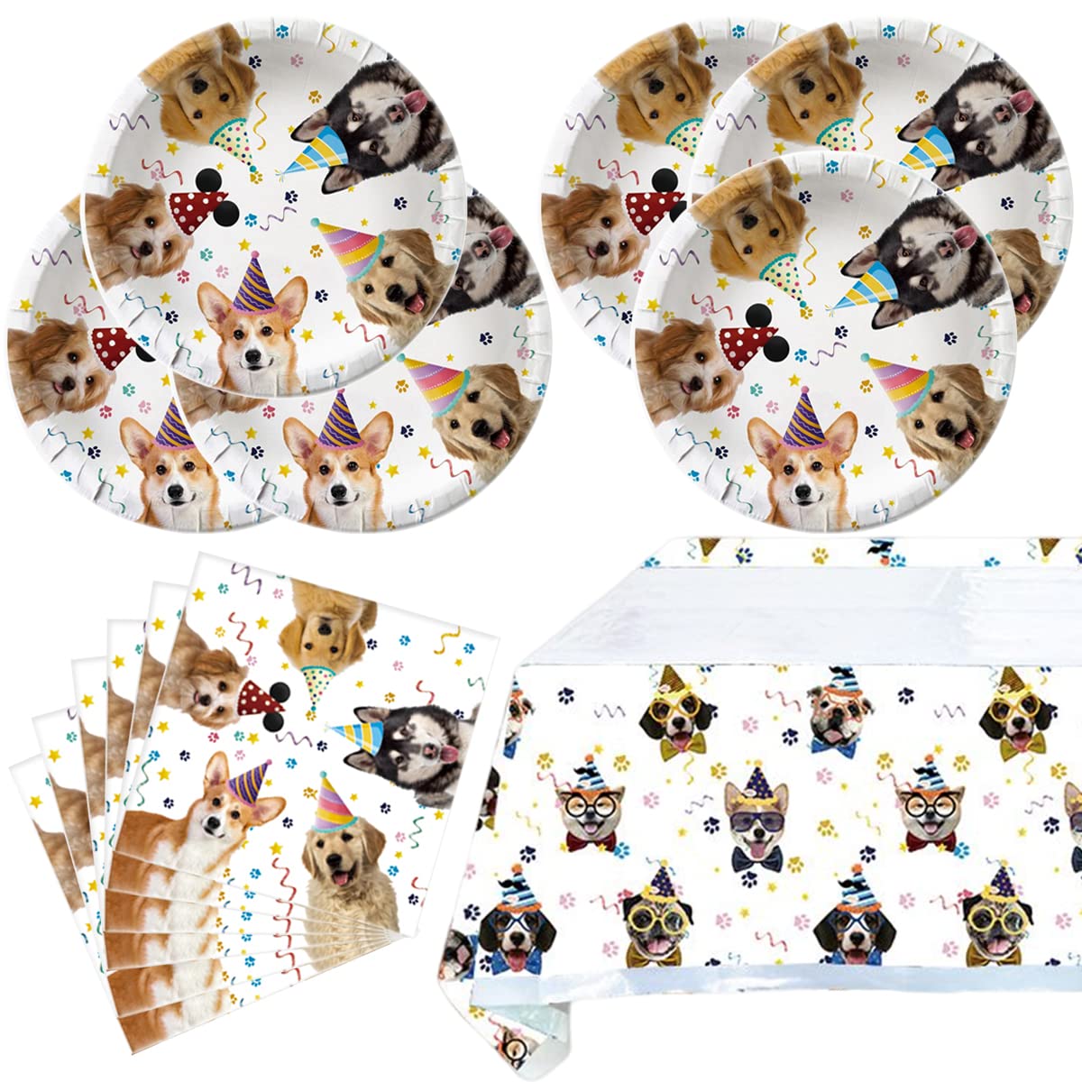 Dog Party Tableware Set,20 Plates and 20 Napkins and Tablecloth71 '' x 42 '',Dog Birthday Theme Party Decorate Supplies