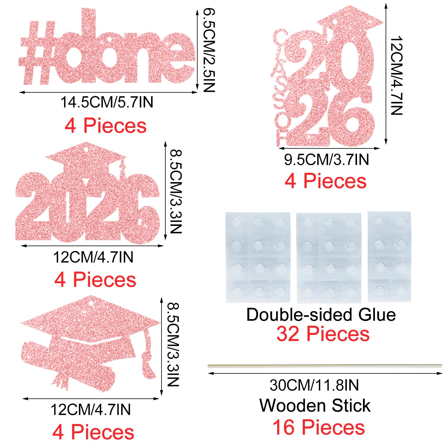 CAVLA 16 Pieces Rose Gold Glitter 2026 Graduation Party Centerpiece Sticks Class of 2026 Done Graduation Cap Diploma Table Toppers 2026 High School