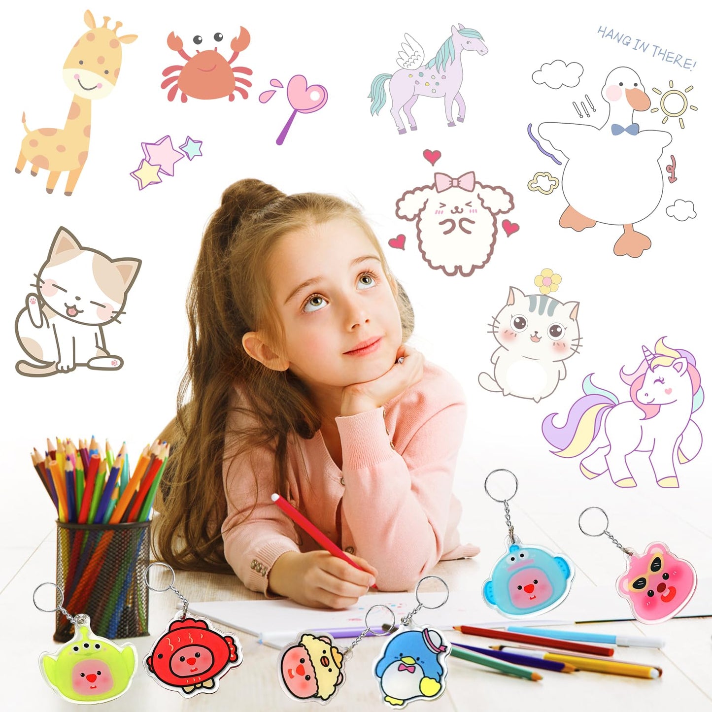 Natonhi Shrinky Dink Sheets Kit 145Pcs Shrink Art Kit Including 20pcs Shrinky Paper Sheets 6pcs Traceable Picture Keychains Accessories- Perfect