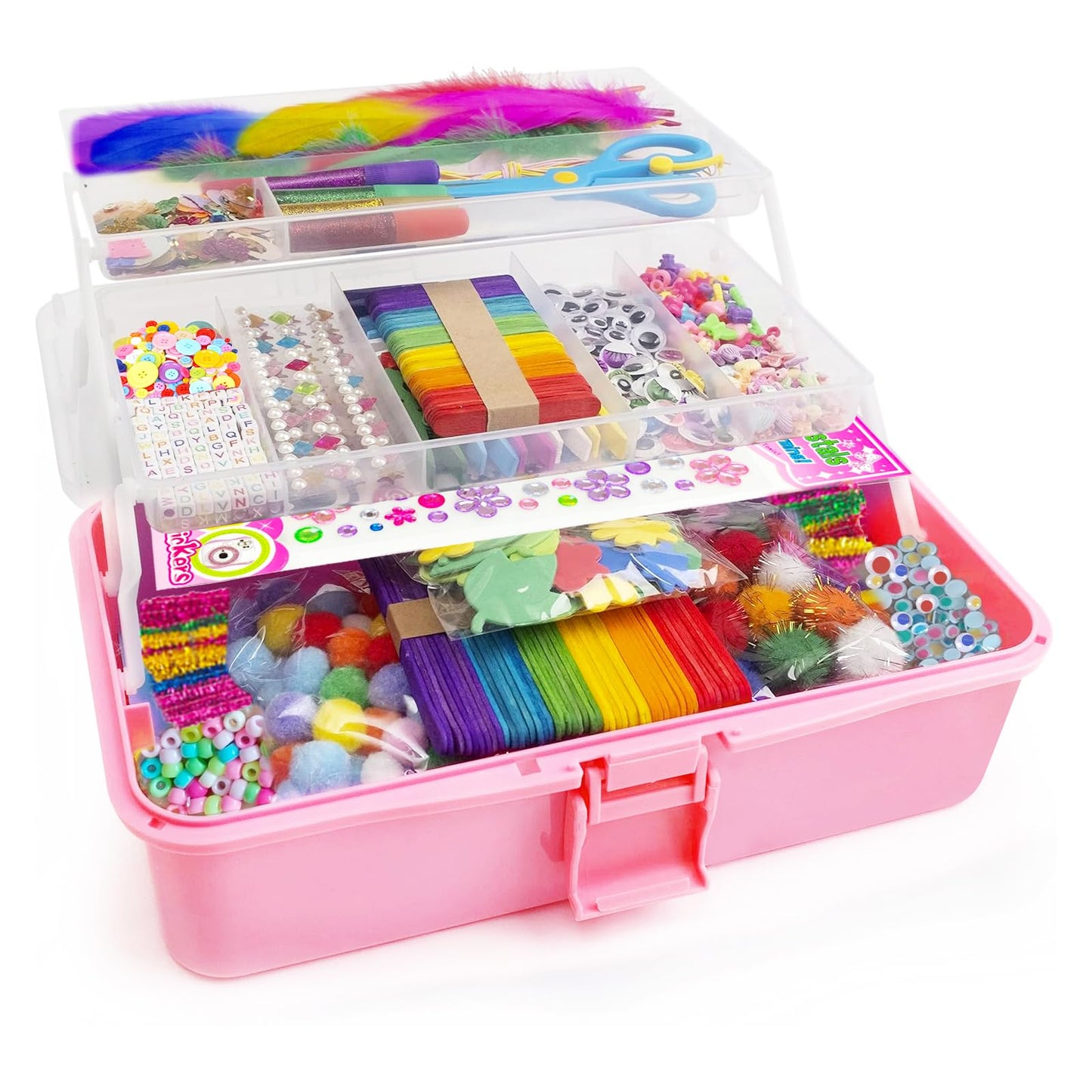 Bobbie Art Arts & Crafts Box 3000+ pcs Deluxe Craft Supplies Box Pink Box - Art Crafting Kit Birthday Gifts for Kids, School Supply for Ages 4-12
