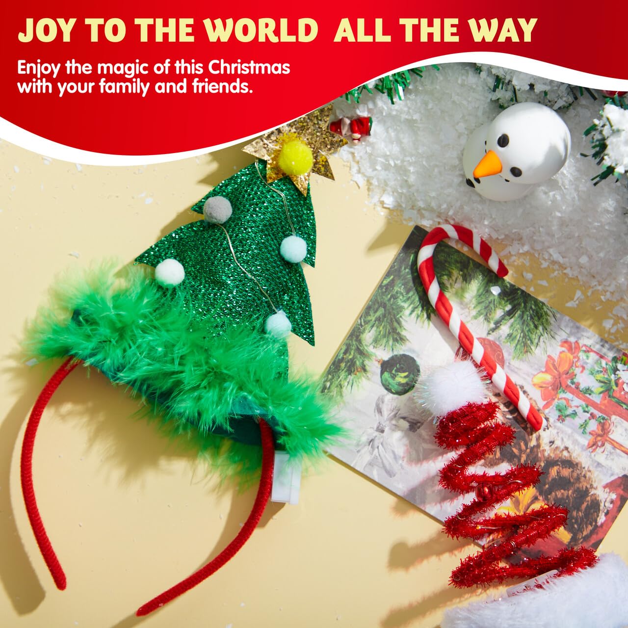 JOYIN 2 PCS Lighted Christmas Headbands with LED lights in Springy Santa Hat Tree Designs for Christmas and Holiday Parties (ONE SIZE FIT ALL)