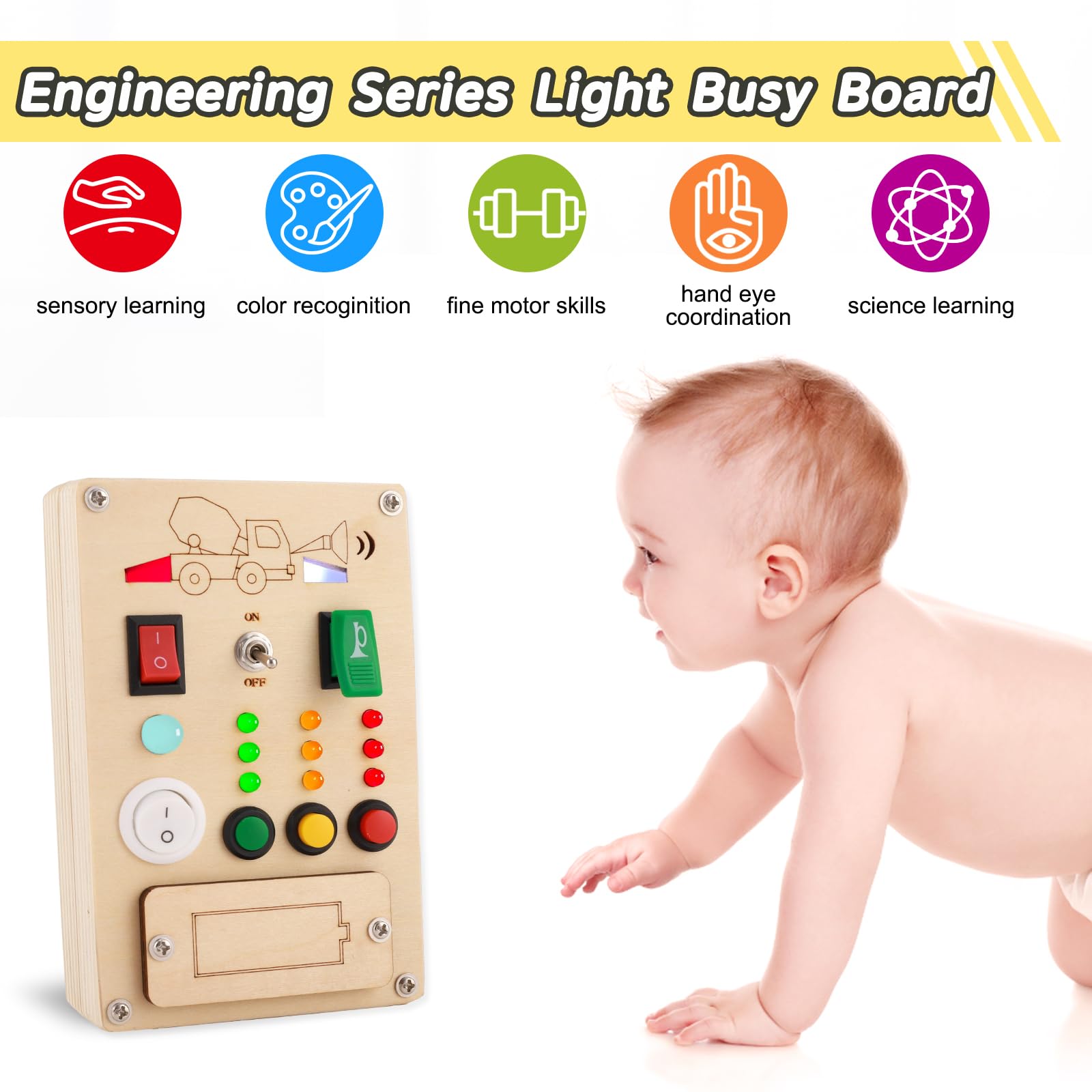 Falecha Busy Board Montessori Toys for 1 Year Old Led Button Push Toys Light Switch Preschool Learning Wooden Sensory for Toddlers 1-3 Baby Gifts