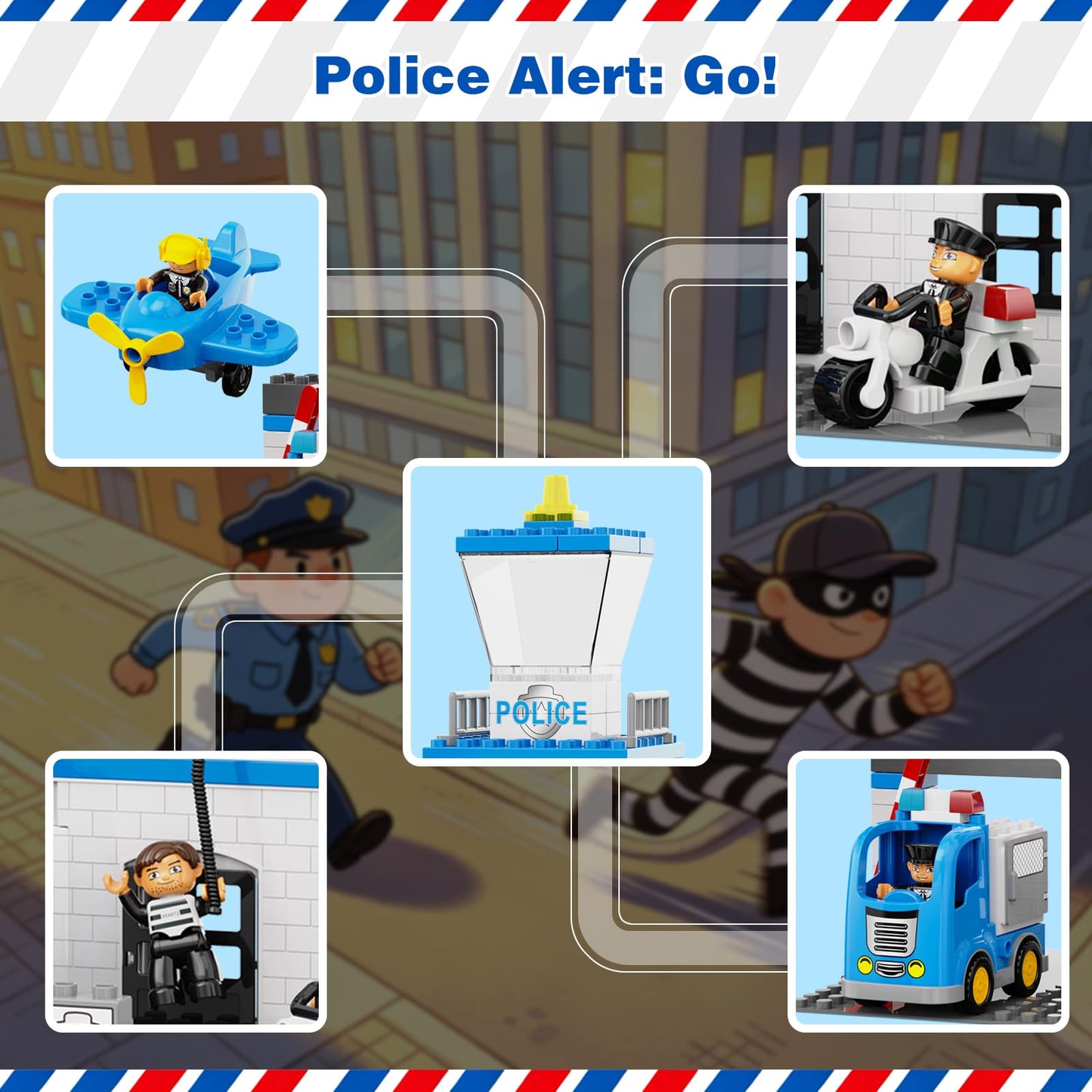 Rescue Police Station Toy, 76Pcs Classic Big Building Blocks Compatible With All Major Brand, Push & Go Car Toy w/Police Motorcycle/Car/Airplane