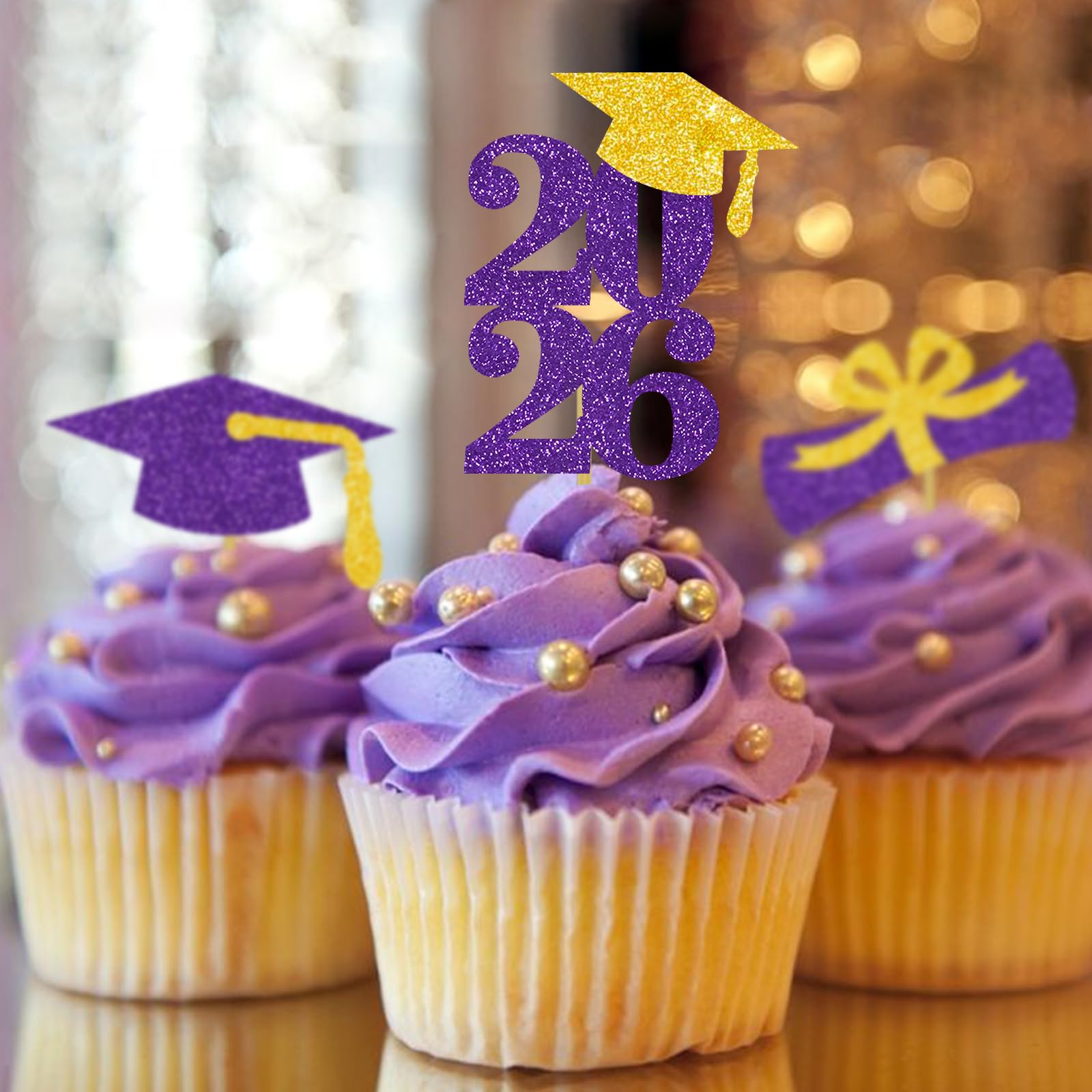 Graduation Cupcake Toppers Grad Party Decoration Food Picks Congrats Glitter Diploma Cap School Colors Supplies 24 PCS Purple Gold