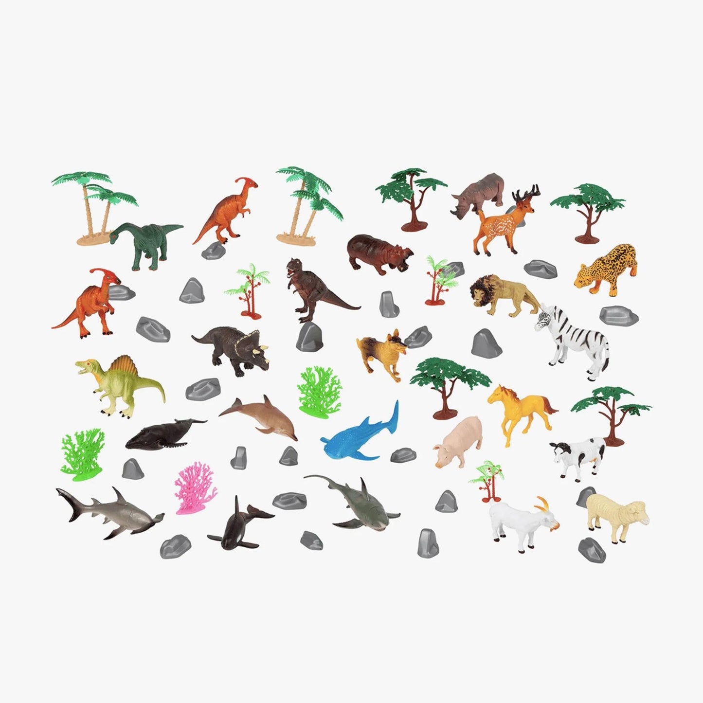 World of Animals Playset - 60 Piece Animal Figure Set with Dinosaurs, Safari, Marine & Farm Animals - Colorful Pretend Play Learning Toy with Trees