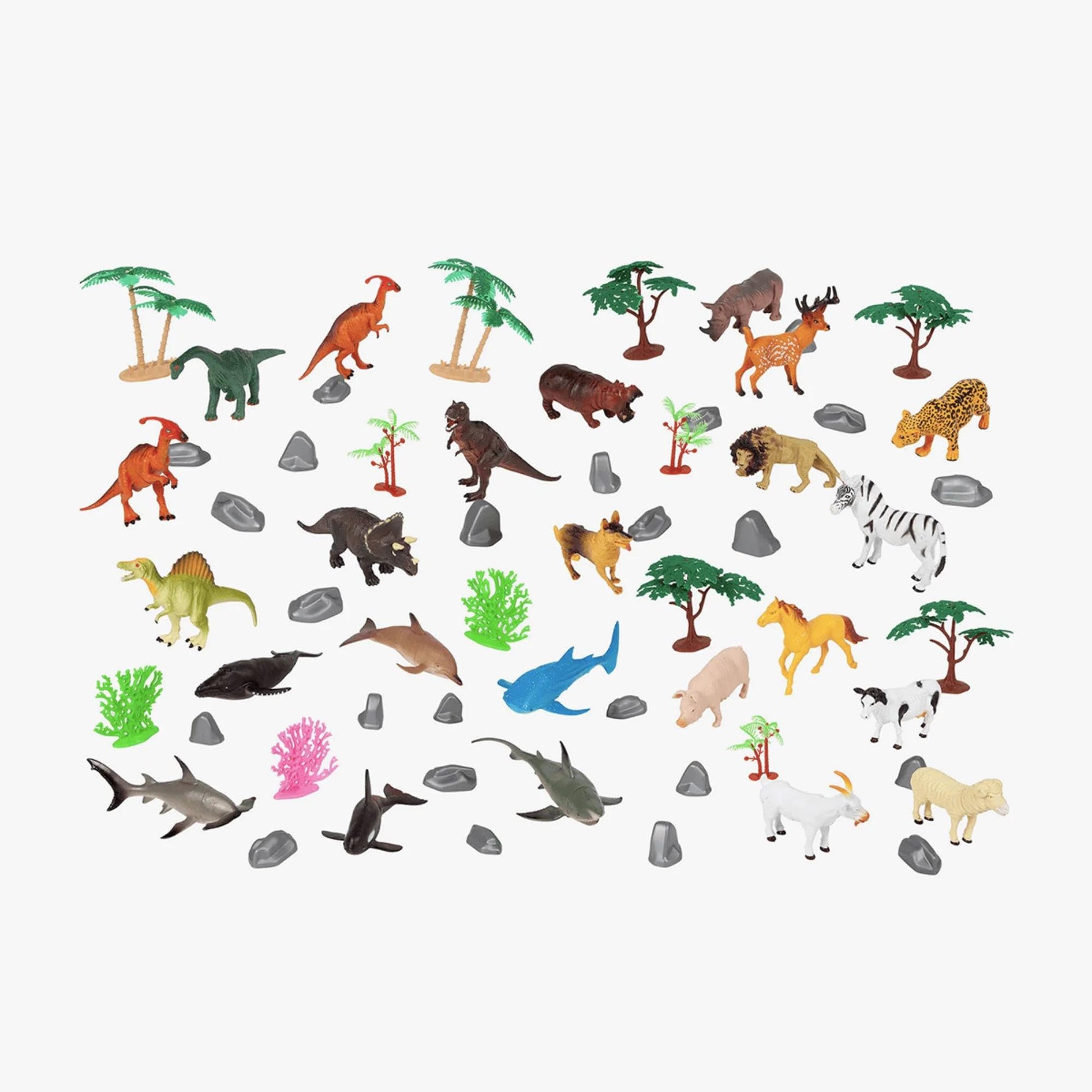 World of Animals Playset - 60 Piece Animal Figure Set with Dinosaurs, Safari, Marine & Farm Animals - Colorful Pretend Play Learning Toy with Trees