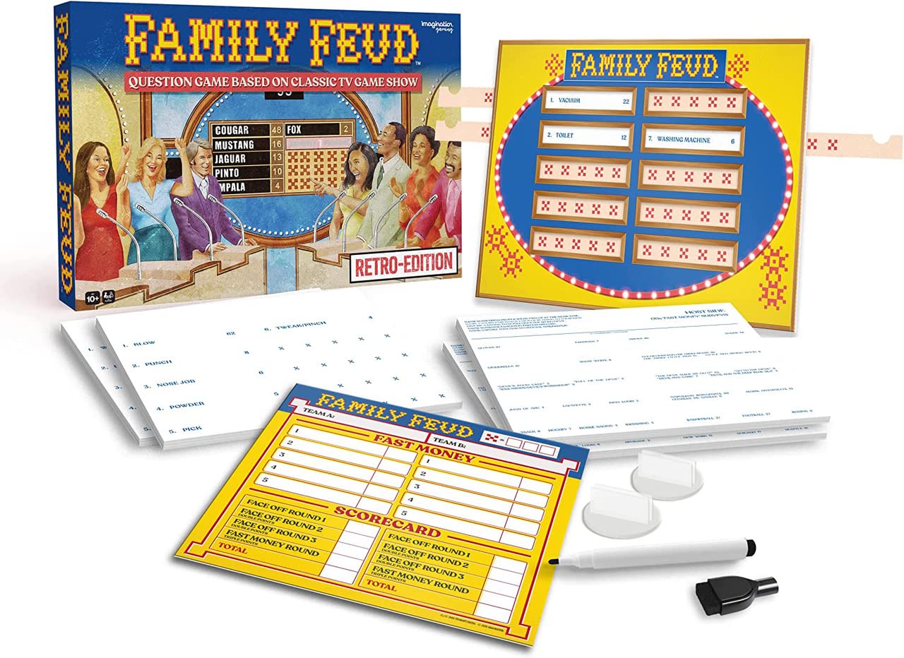 Family FEUD Retro Edition Card Game, 1970s Episodes’ Questions & Answers, Party Game with Classic Twist, Traditional Gummed Pad with Survey Questions