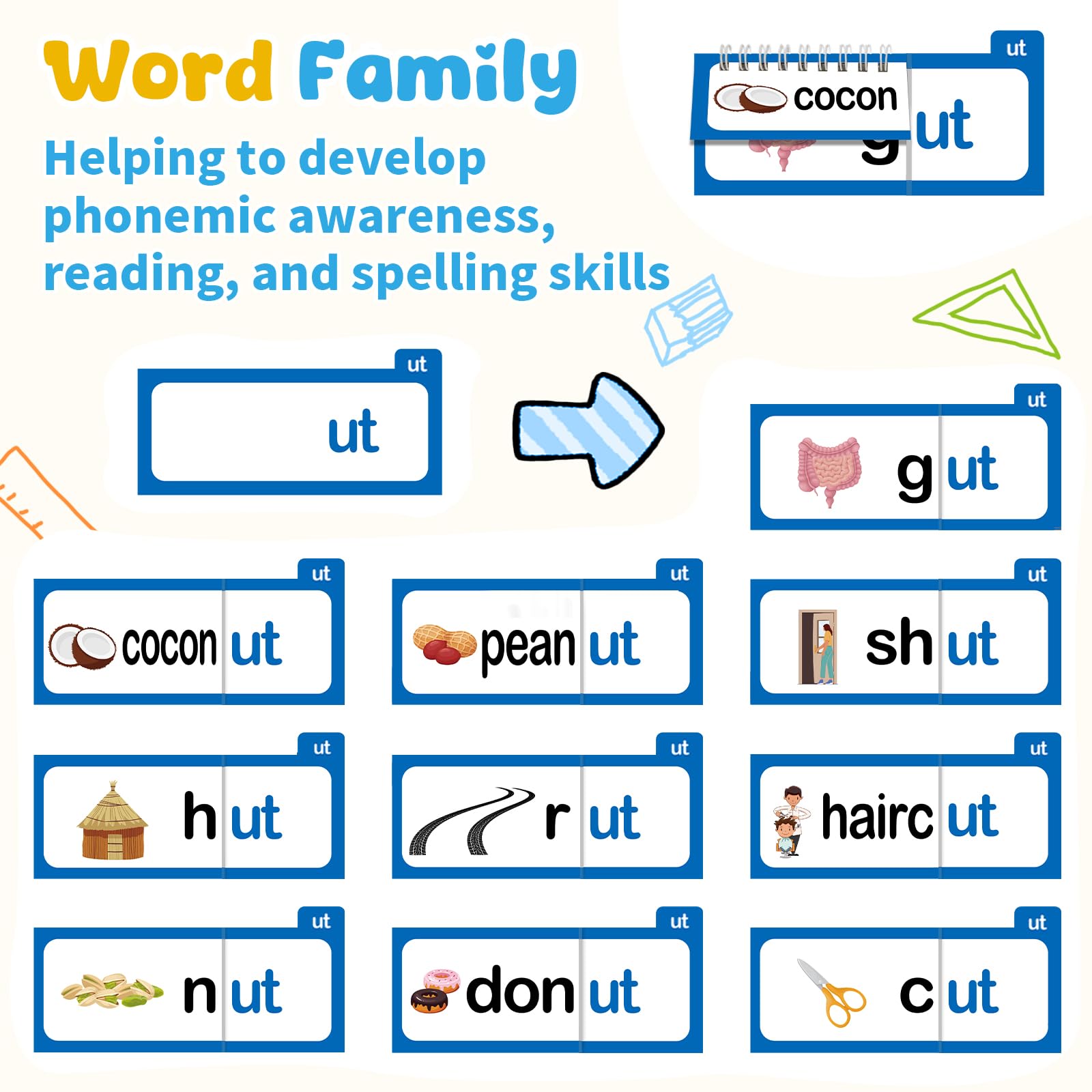 Word Family Build Book, 30 Read and Rhyme Flip Activity Book, ABC Vocabulary Flash Cards CVC Words Reading Games for Kids Ages 3-8 Preschool Learning