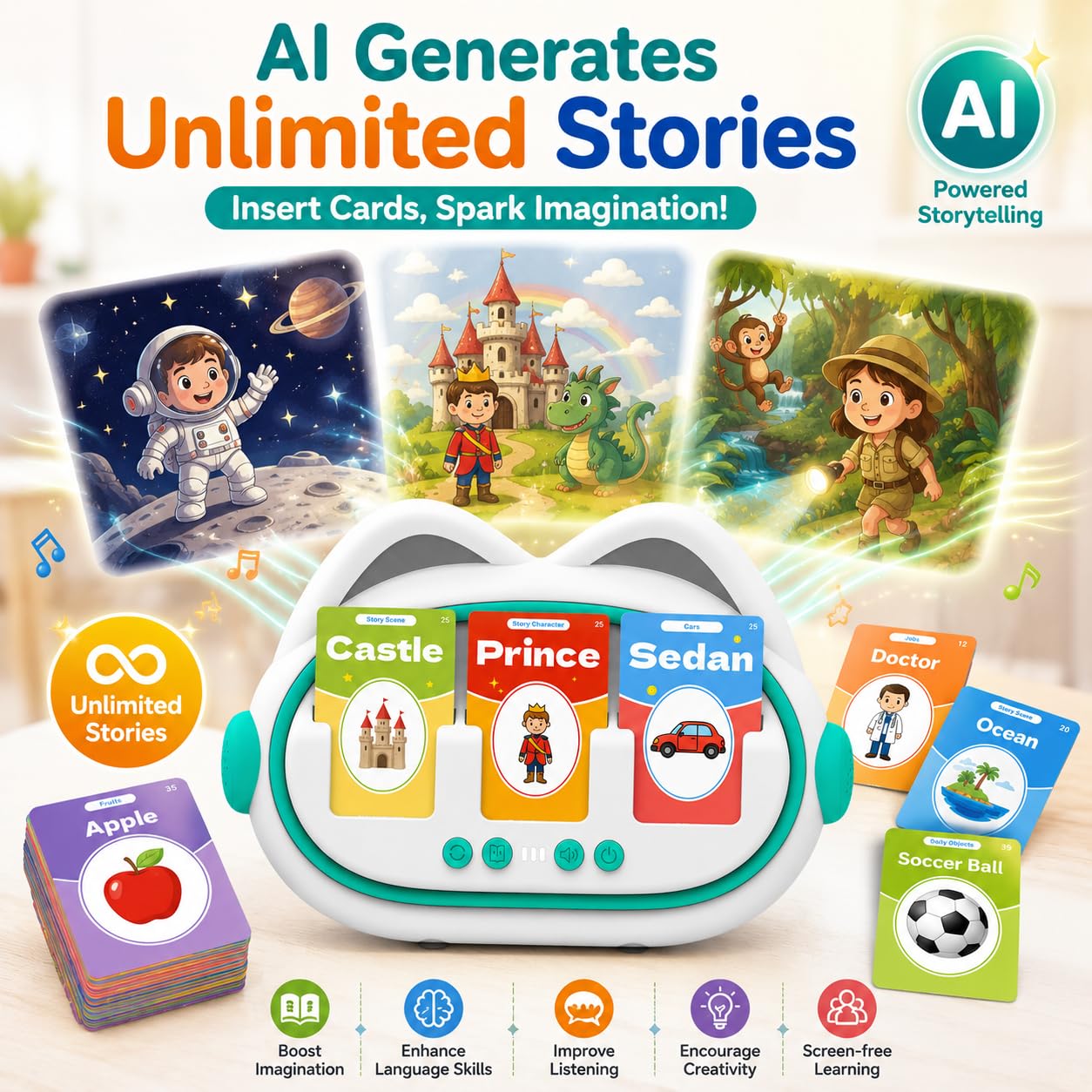 AI Storytelling Toy for Toddlers, Generate Unlimited Creative Stories with 3 Flash Cards, Screen-free Talking Card Reader, 150 Cards 300 Words