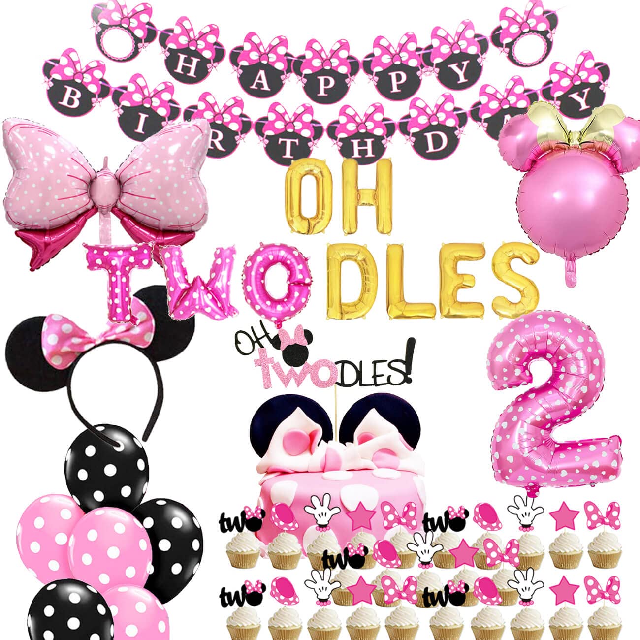 Oh Twodles Balloons Pink Second Birthday Cake Topper 2nd Banner Party Supplies Decorations Photo Prop for Girl Baby Bday