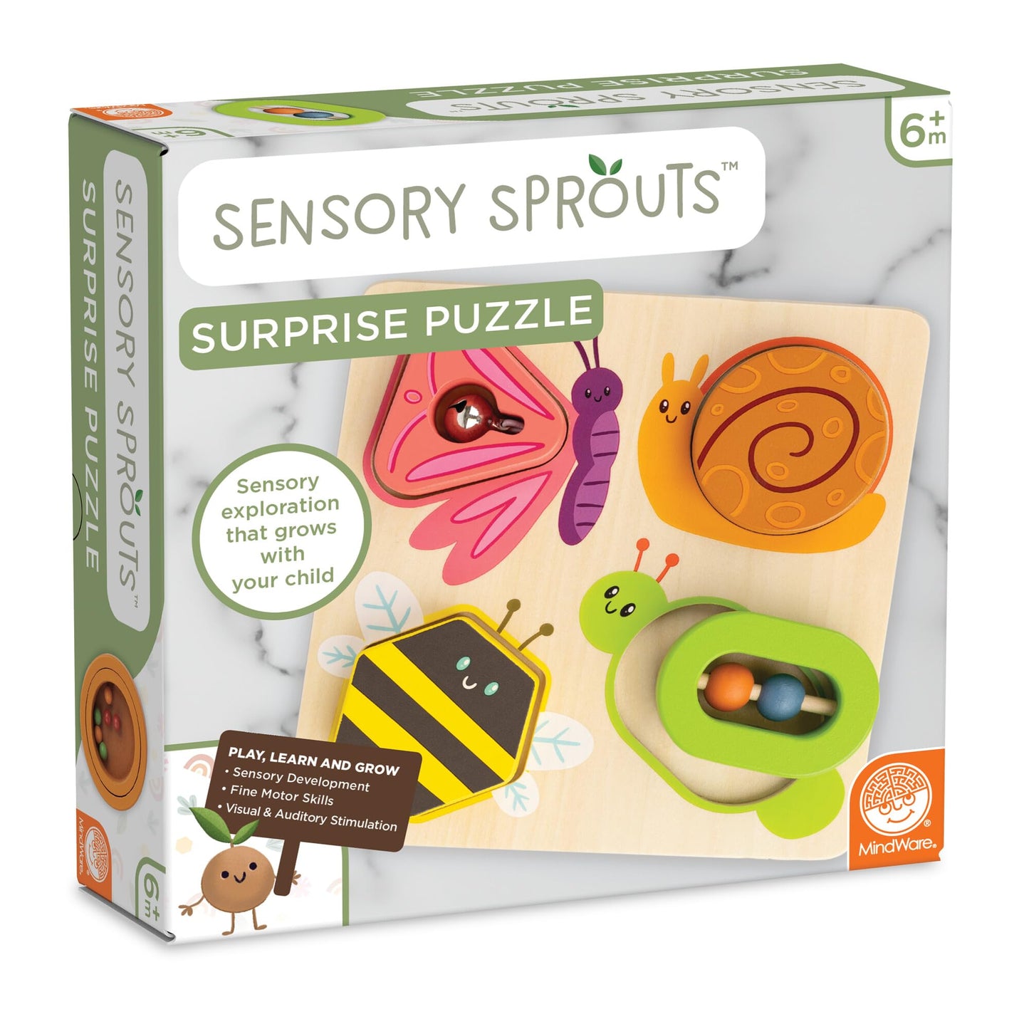 MindWare Sensory Sprouts Surprise Puzzle - Wooden Baby Puzzle with Mirror, Bells & Beads - Educational Toy for Infants & Toddlers 6+ Months Montessori