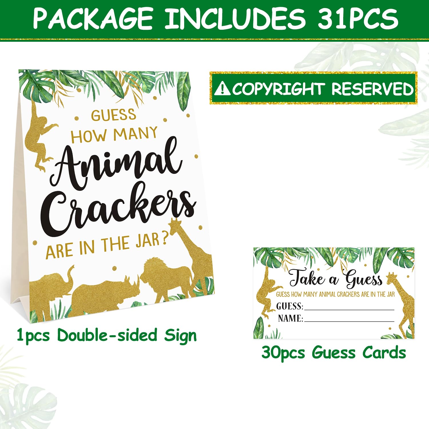Bessmoso Safari Baby Shower Game - Guess How Many Animal Crackers, Jungle Theme Baby Shower Games with Standing Sign and 30 Cards, Gender Neutral Baby