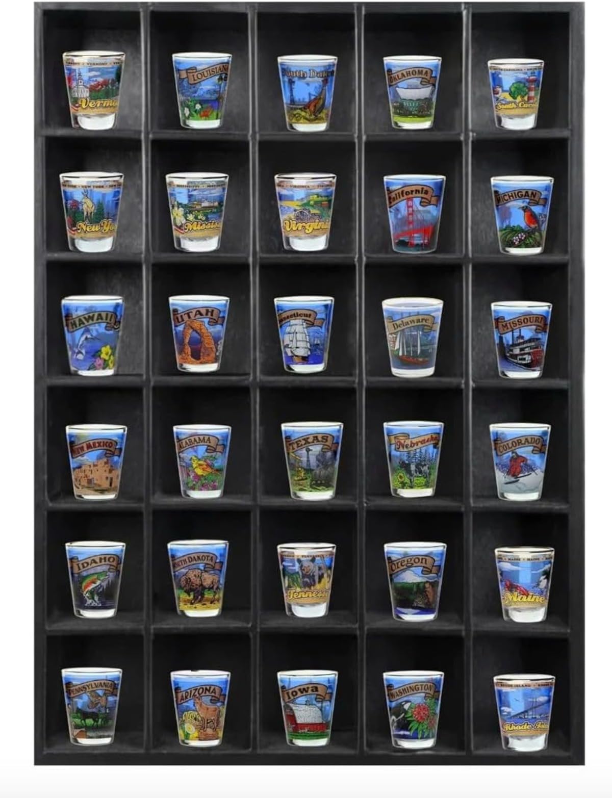 Tasse Verre 30 Shot Glass Shelf Display Case (1-Pack) - Large Wooden Collectibles Rack - Wall Mounted Black Bar Shadow Box Minifigure Storage